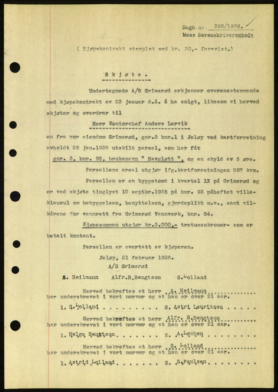 Moss sorenskriveri, SAO/A-10168: Pantebok nr. A1, 1936-1936, Dagboknr: 395/1936