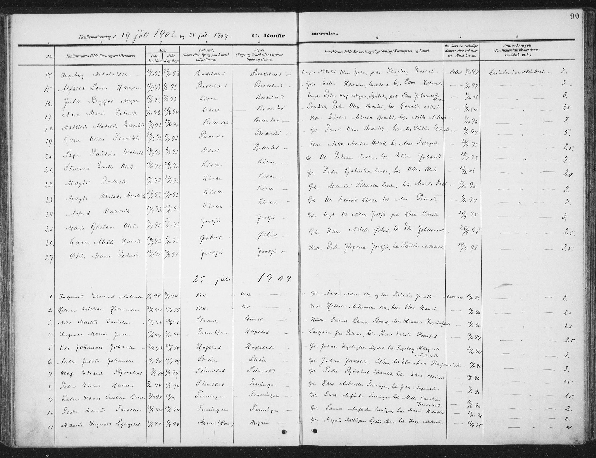 Ministerialprotokoller, klokkerbøker og fødselsregistre - Sør-Trøndelag, AV/SAT-A-1456/657/L0709: Ministerialbok nr. 657A10, 1905-1919, s. 90