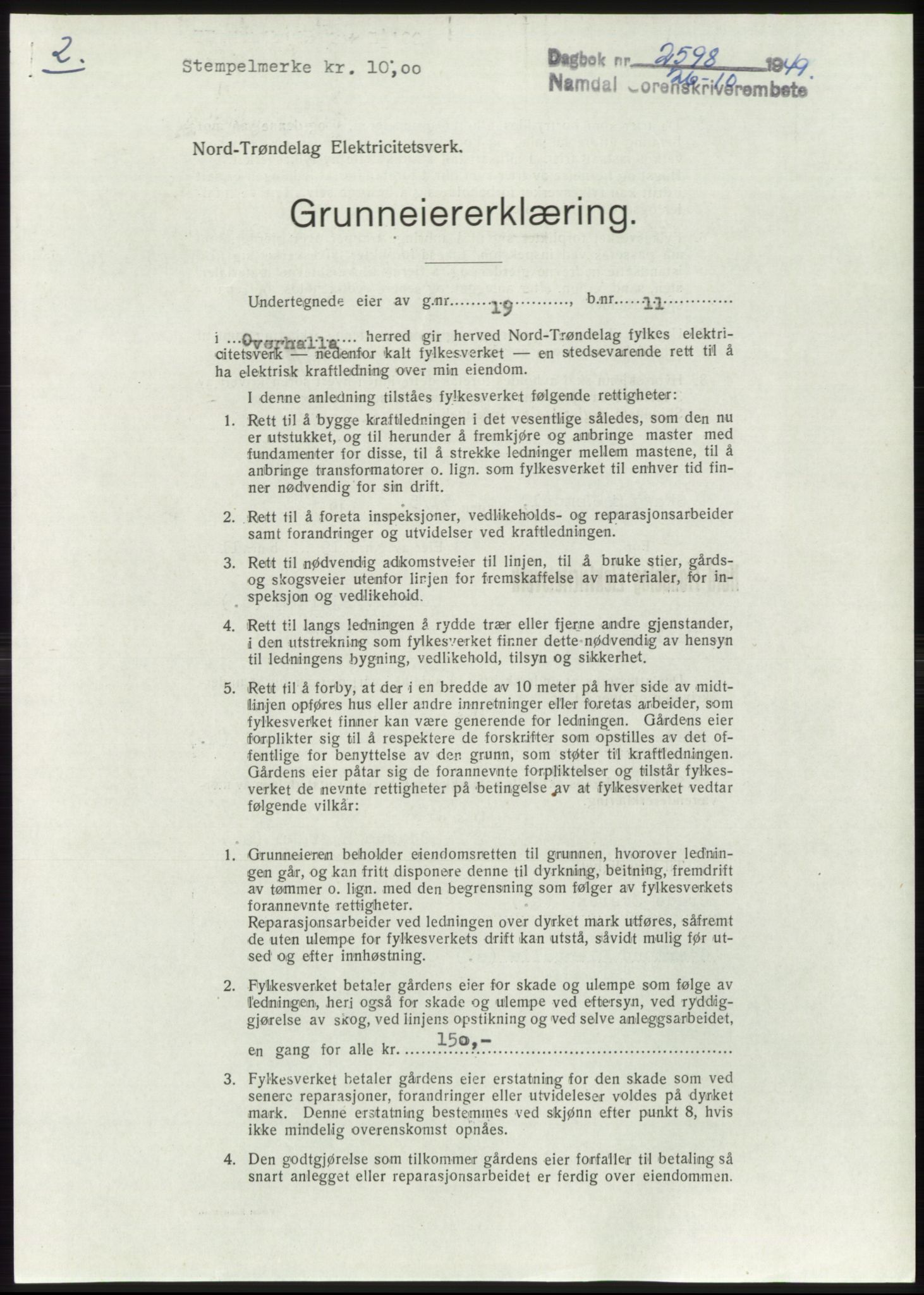 Namdal sorenskriveri, SAT/A-4133/1/2/2C: Pantebok nr. -, 1949-1949, Dagboknr: 2598/1949