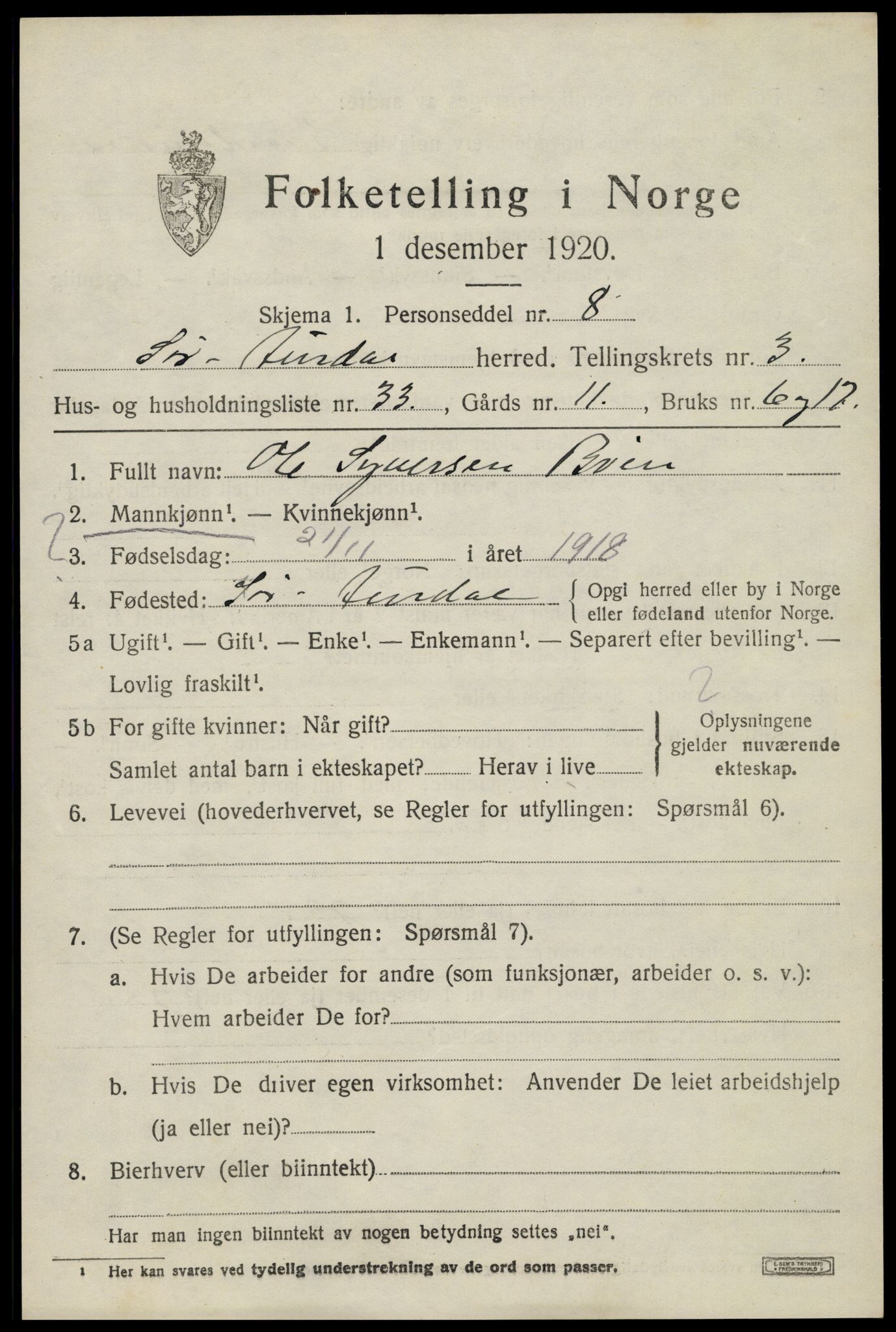 SAH, Folketelling 1920 for 0540 Sør-Aurdal herred, 1920, s. 2319