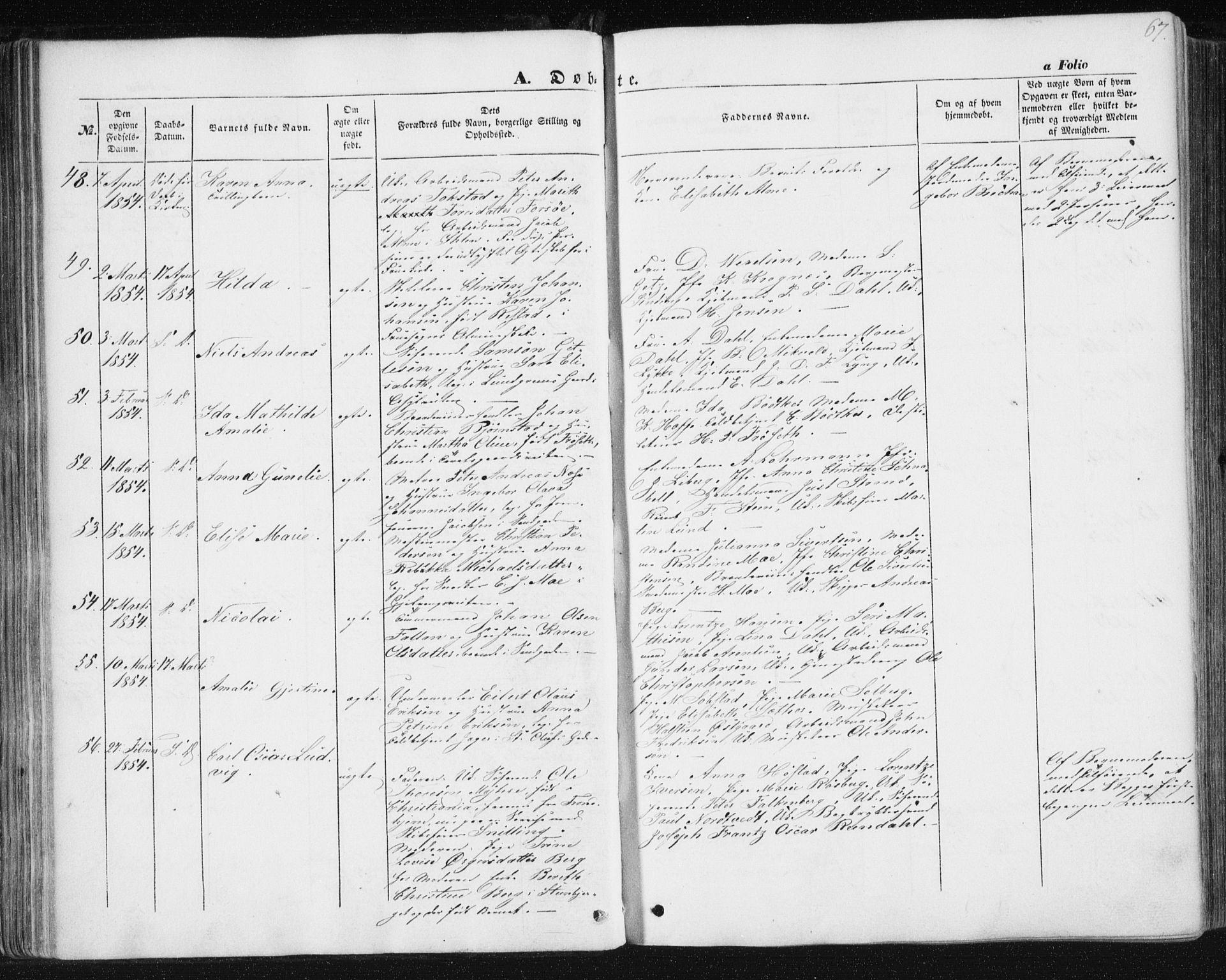 Ministerialprotokoller, klokkerbøker og fødselsregistre - Sør-Trøndelag, SAT/A-1456/602/L0112: Ministerialbok nr. 602A10, 1848-1859, s. 67