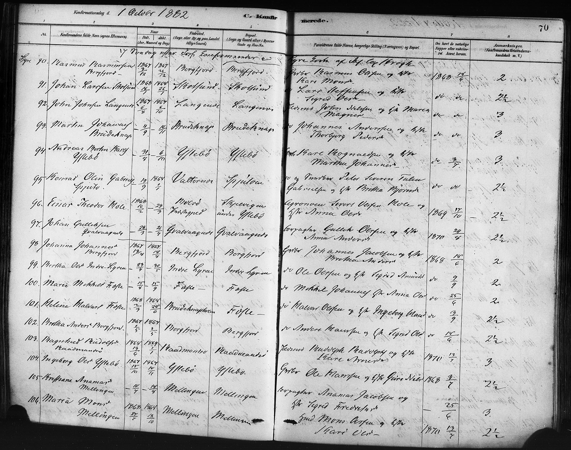 Lindås Sokneprestembete, AV/SAB-A-76701/H/Haa/Haaa/L0019: Ministerialbok nr. A 19, 1878-1912, s. 70