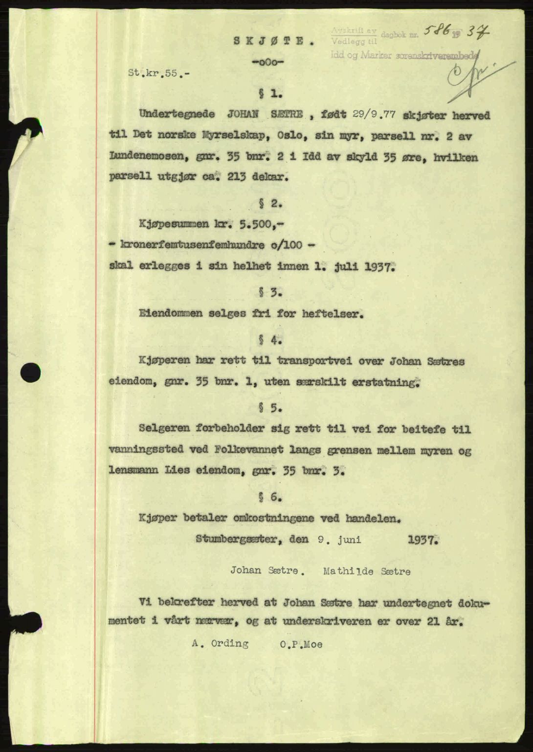Idd og Marker sorenskriveri, AV/SAO-A-10283/G/Gb/Gbb/L0002: Pantebok nr. A2, 1937-1938, Dagboknr: 586/1937