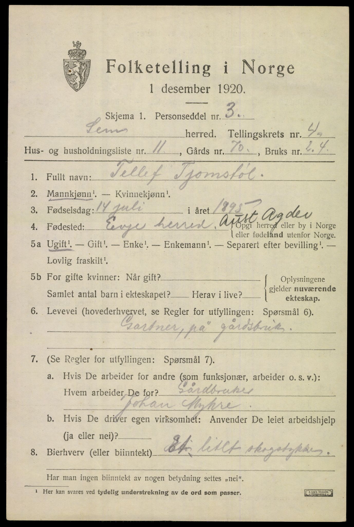 SAKO, Folketelling 1920 for 0721 Sem herred, 1920, s. 7213