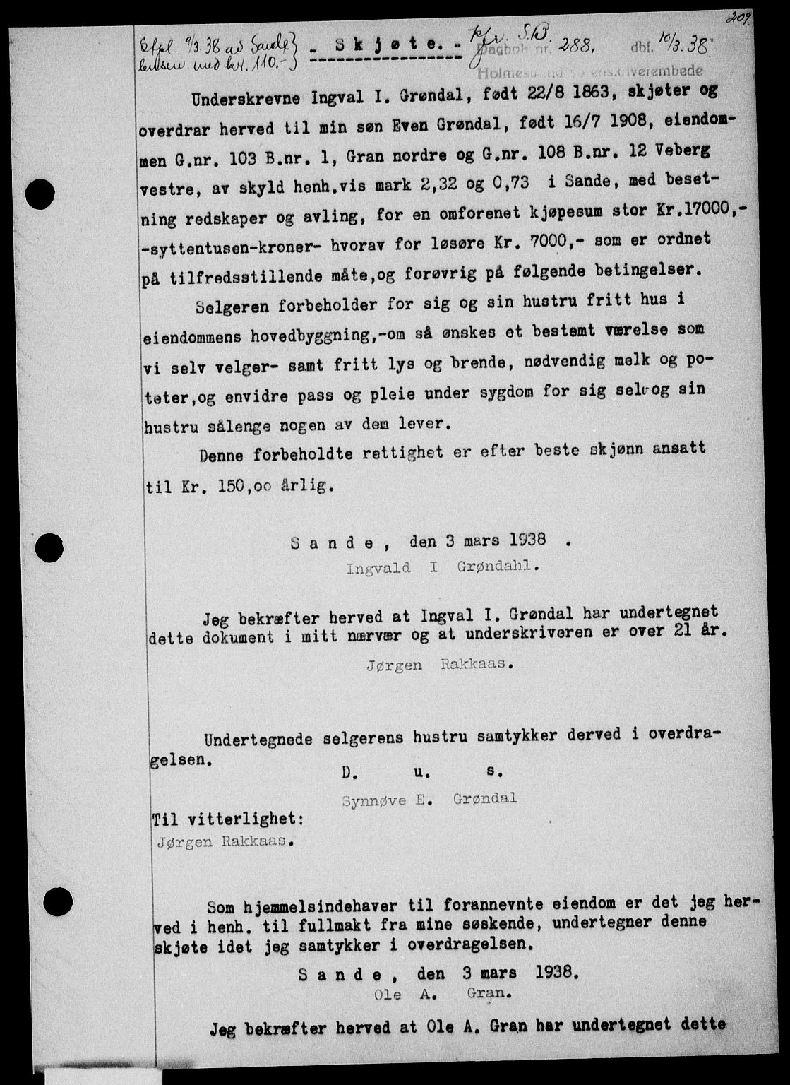 Holmestrand sorenskriveri, SAKO/A-67/G/Ga/Gaa/L0049: Pantebok nr. A-49, 1937-1938, Dagboknr: 288/1938