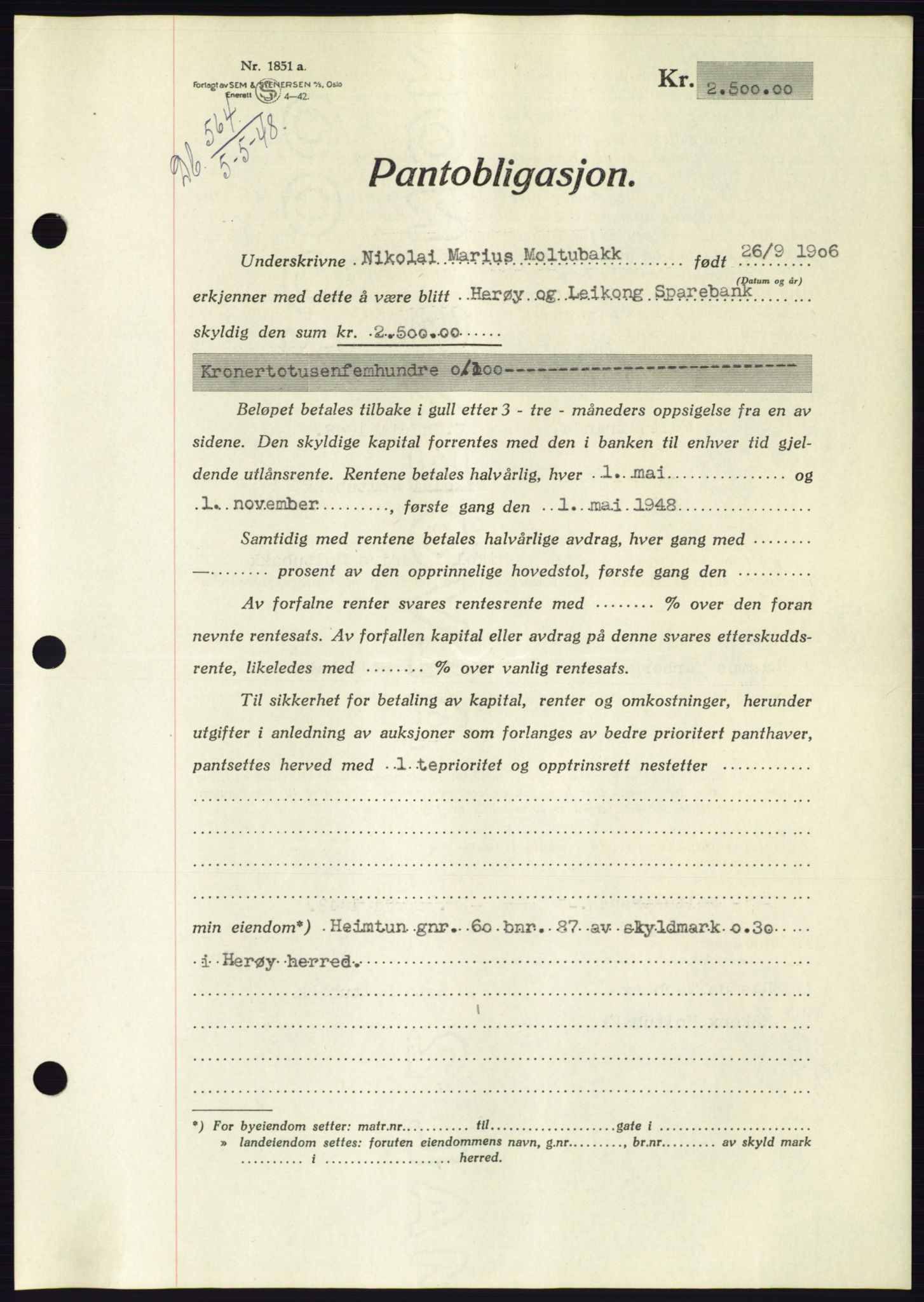 Søre Sunnmøre sorenskriveri, AV/SAT-A-4122/1/2/2C/L0115: Pantebok nr. 3B, 1947-1948, Dagboknr: 564/1948