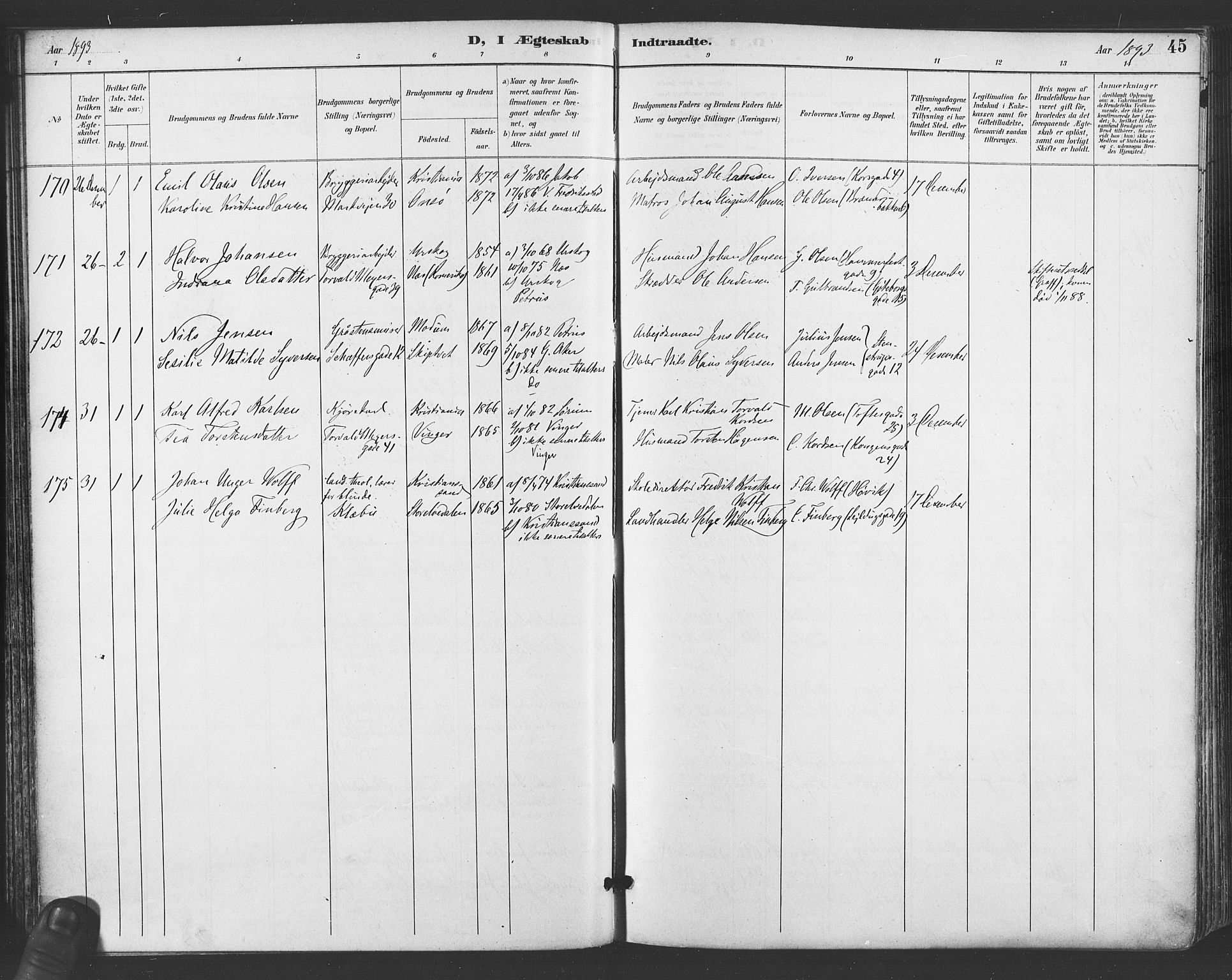 Paulus prestekontor Kirkebøker, AV/SAO-A-10871/F/Fa/L0009: Ministerialbok nr. 9, 1891-1901, s. 45