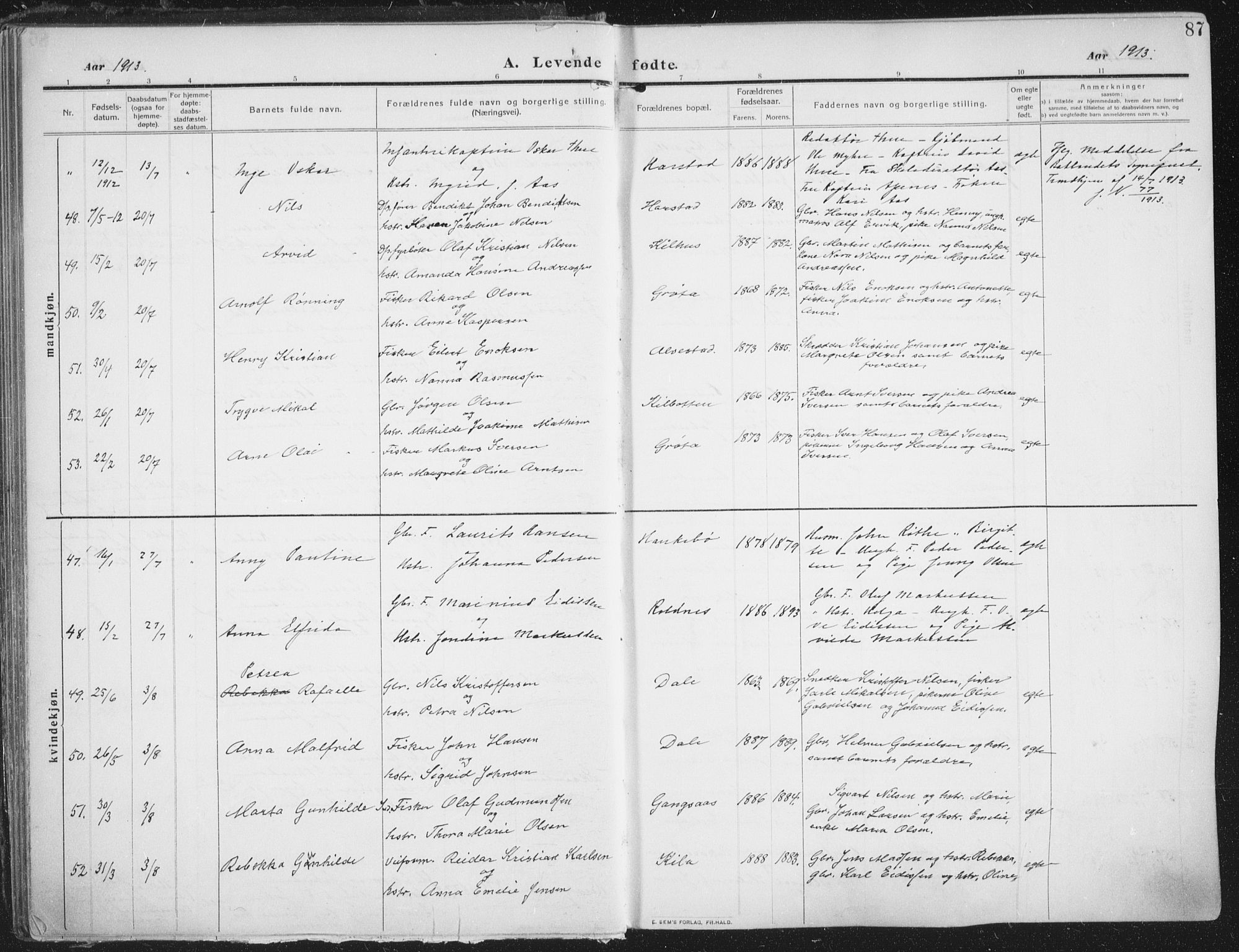 Trondenes sokneprestkontor, AV/SATØ-S-1319/H/Ha/L0018kirke: Ministerialbok nr. 18, 1909-1918, s. 87