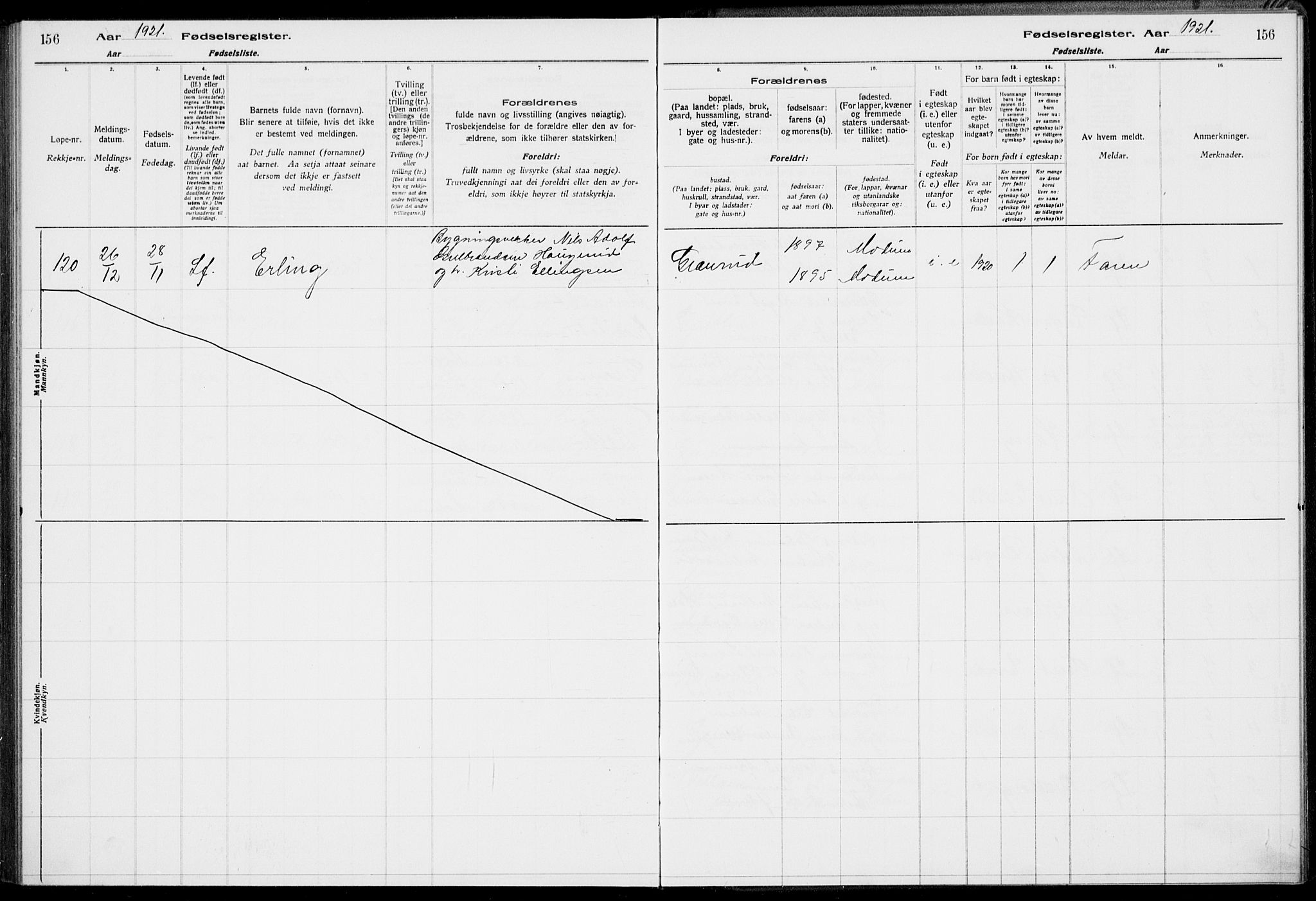 Modum kirkebøker, AV/SAKO-A-234/J/Ja/L0001: Fødselsregister nr. I 1, 1916-1923, s. 156