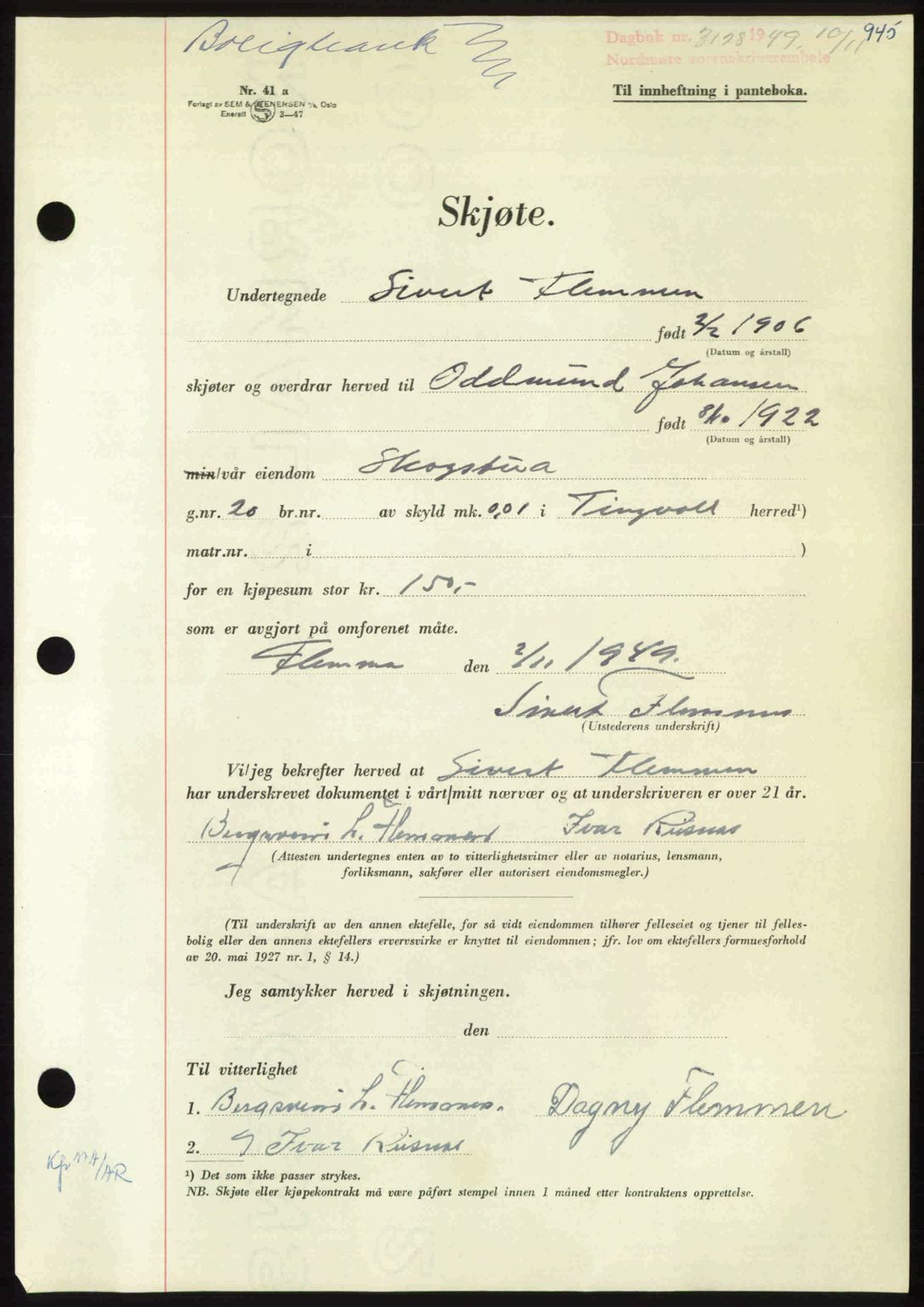 Nordmøre sorenskriveri, AV/SAT-A-4132/1/2/2Ca: Pantebok nr. A112, 1949-1949, Dagboknr: 3128/1949