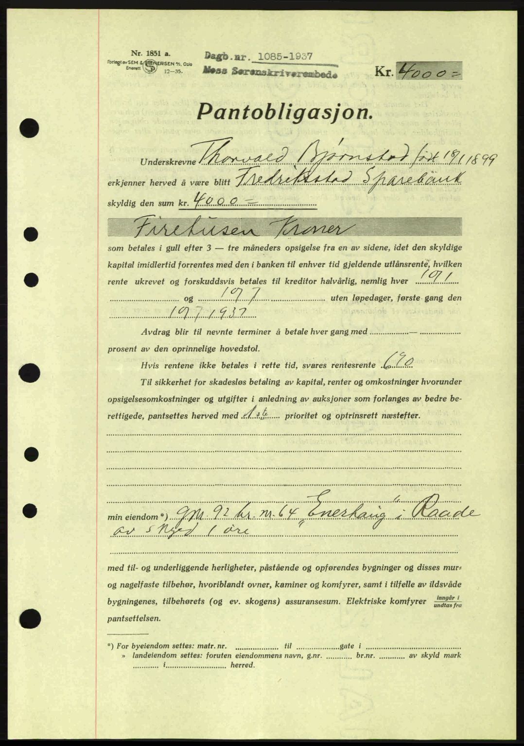 Moss sorenskriveri, SAO/A-10168: Pantebok nr. B3, 1937-1937, Dagboknr: 1085/1937