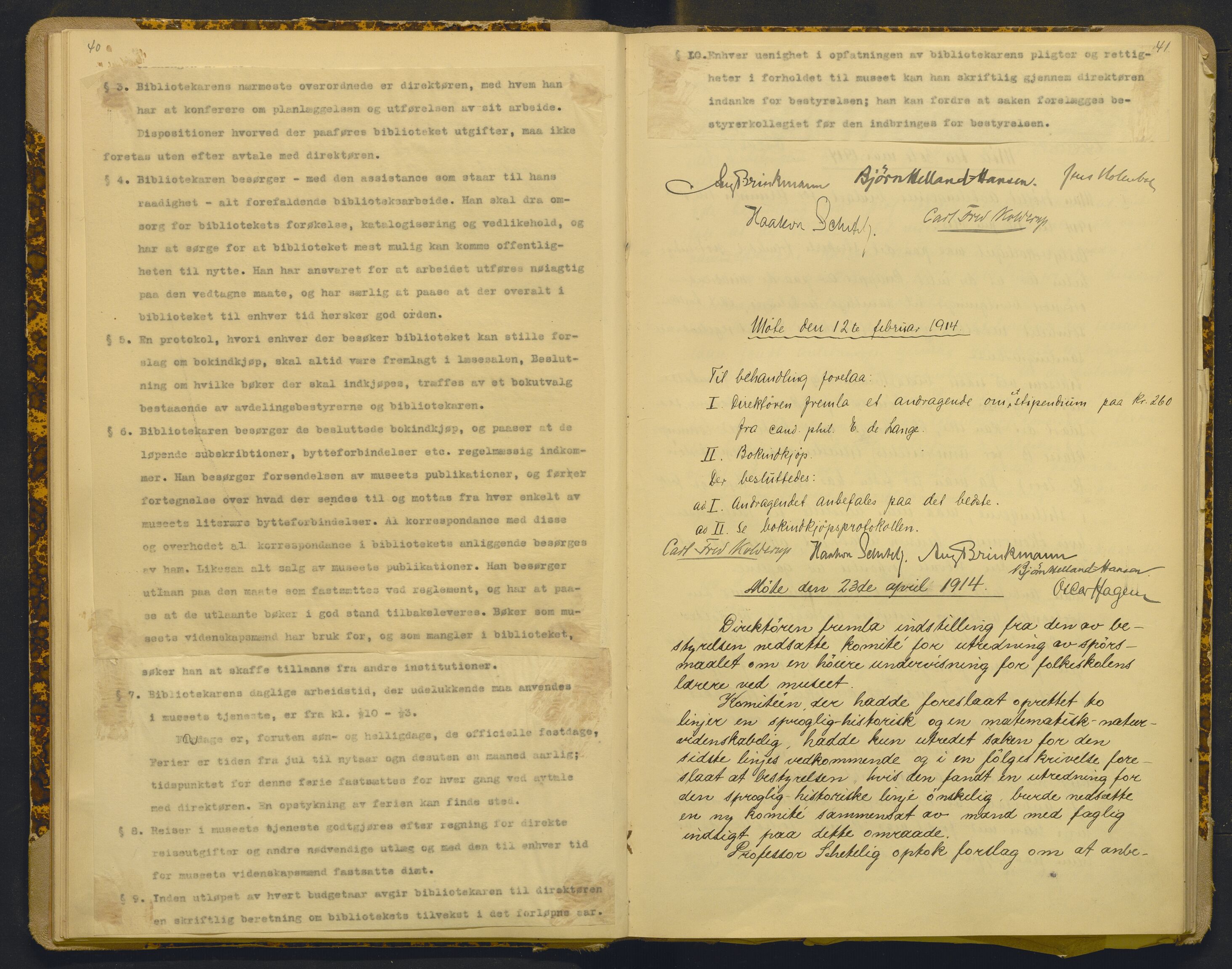 Bergens Museum, AV/SAB-A-17301/18/A/L0001: Bestyrerkollegiets forhandlingsprotokoll med register , 1907-1927, s. 40-41