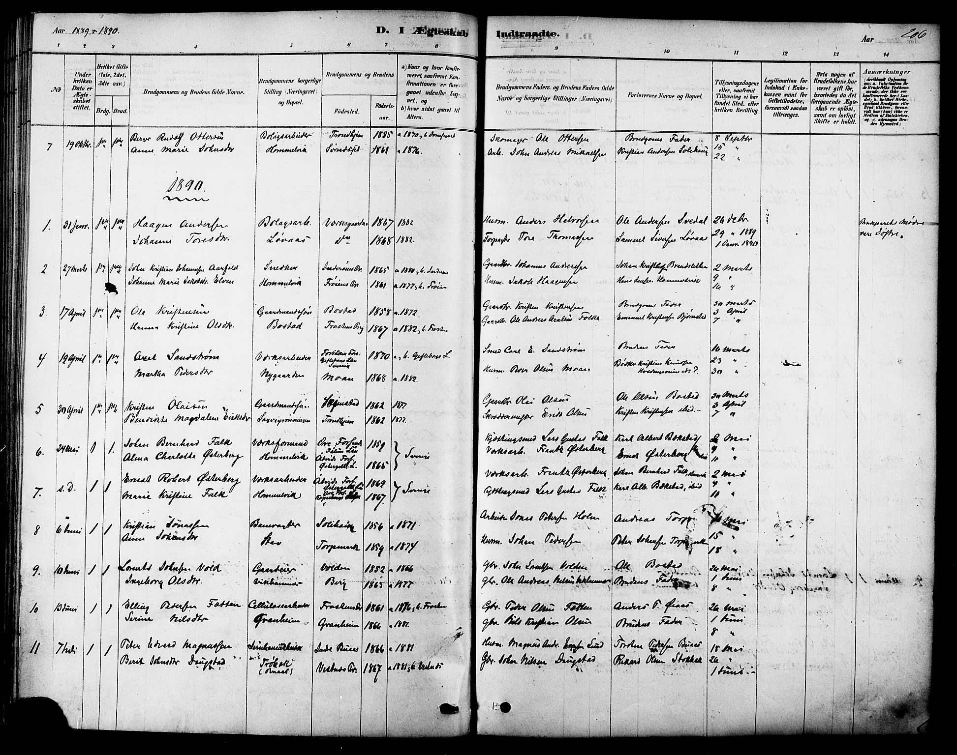 Ministerialprotokoller, klokkerbøker og fødselsregistre - Sør-Trøndelag, SAT/A-1456/616/L0410: Ministerialbok nr. 616A07, 1878-1893, s. 206
