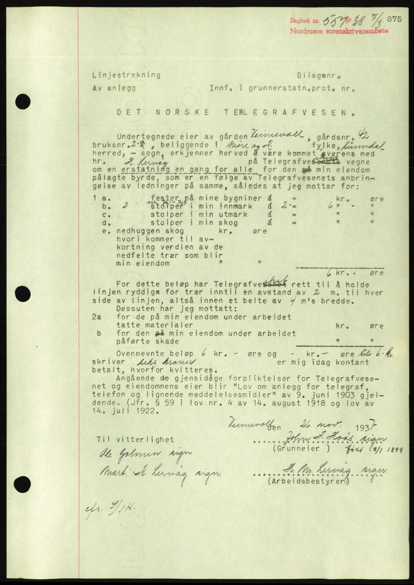 Nordmøre sorenskriveri, AV/SAT-A-4132/1/2/2Ca/L0092: Pantebok nr. B82, 1937-1938, Dagboknr: 557/1938