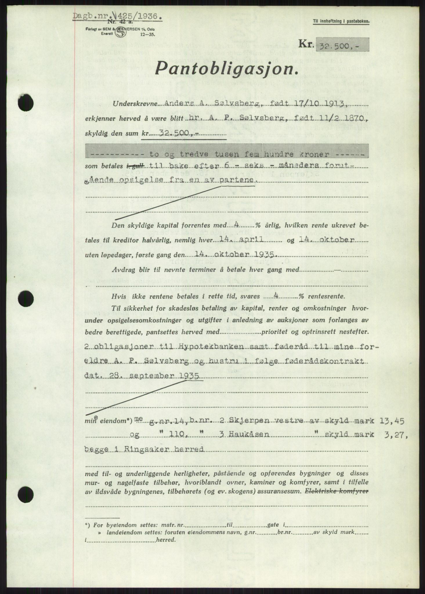 Nord-Hedmark sorenskriveri, SAH/TING-012/H/Hb/Hbf/L0001: Pantebok nr. B1, 1936-1936, Dagboknr: 425/1936