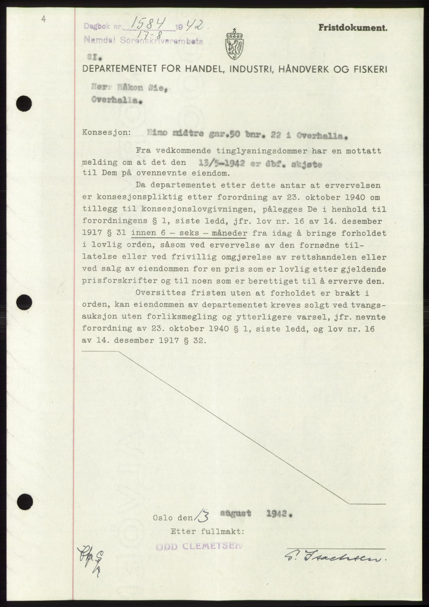 Namdal sorenskriveri, SAT/A-4133/1/2/2C: Pantebok nr. -, 1942-1943, Dagboknr: 1584/1942