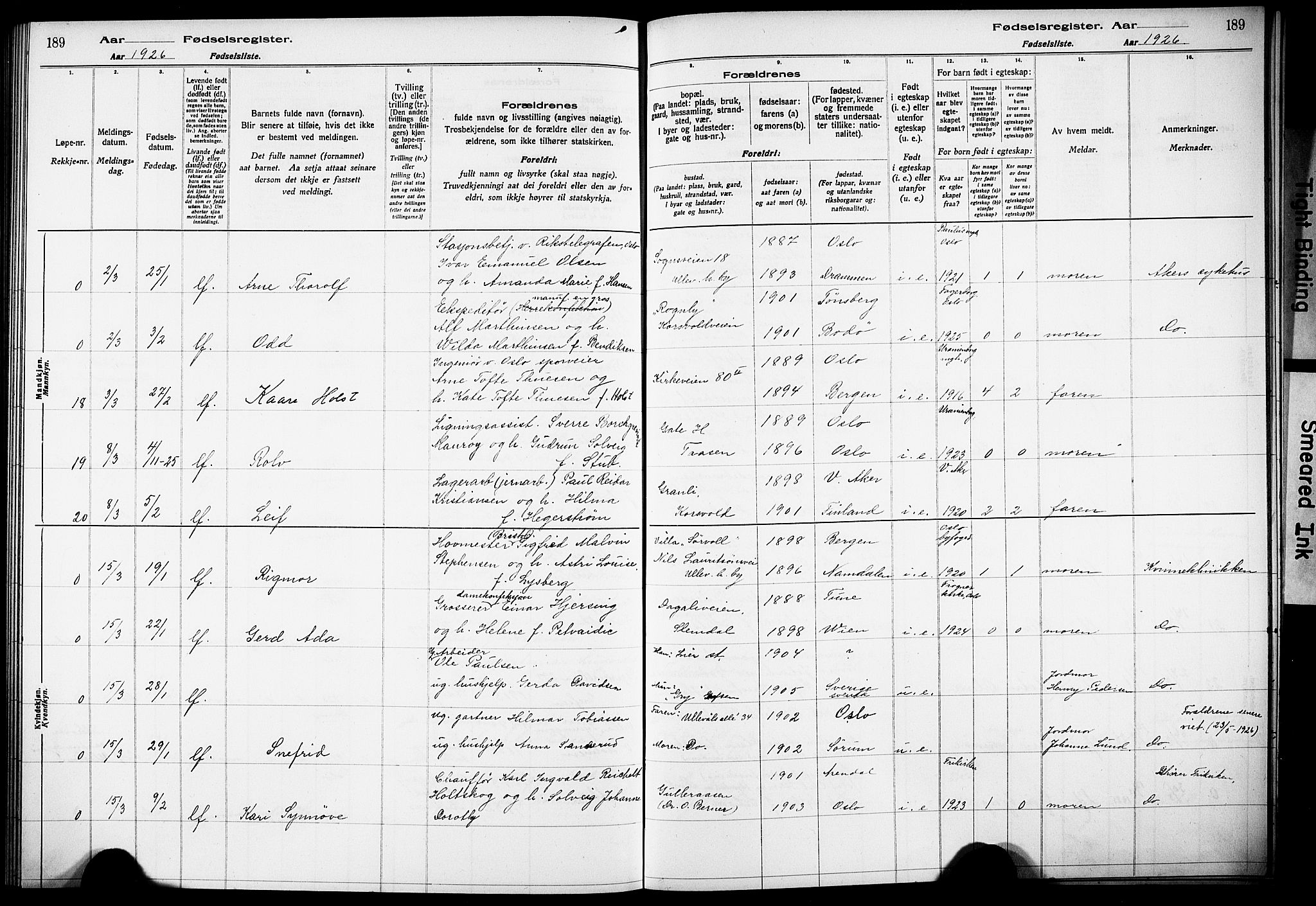 Vestre Aker prestekontor Kirkebøker, AV/SAO-A-10025/J/Ja/L0002: Fødselsregister nr. 2, 1922-1926, s. 189