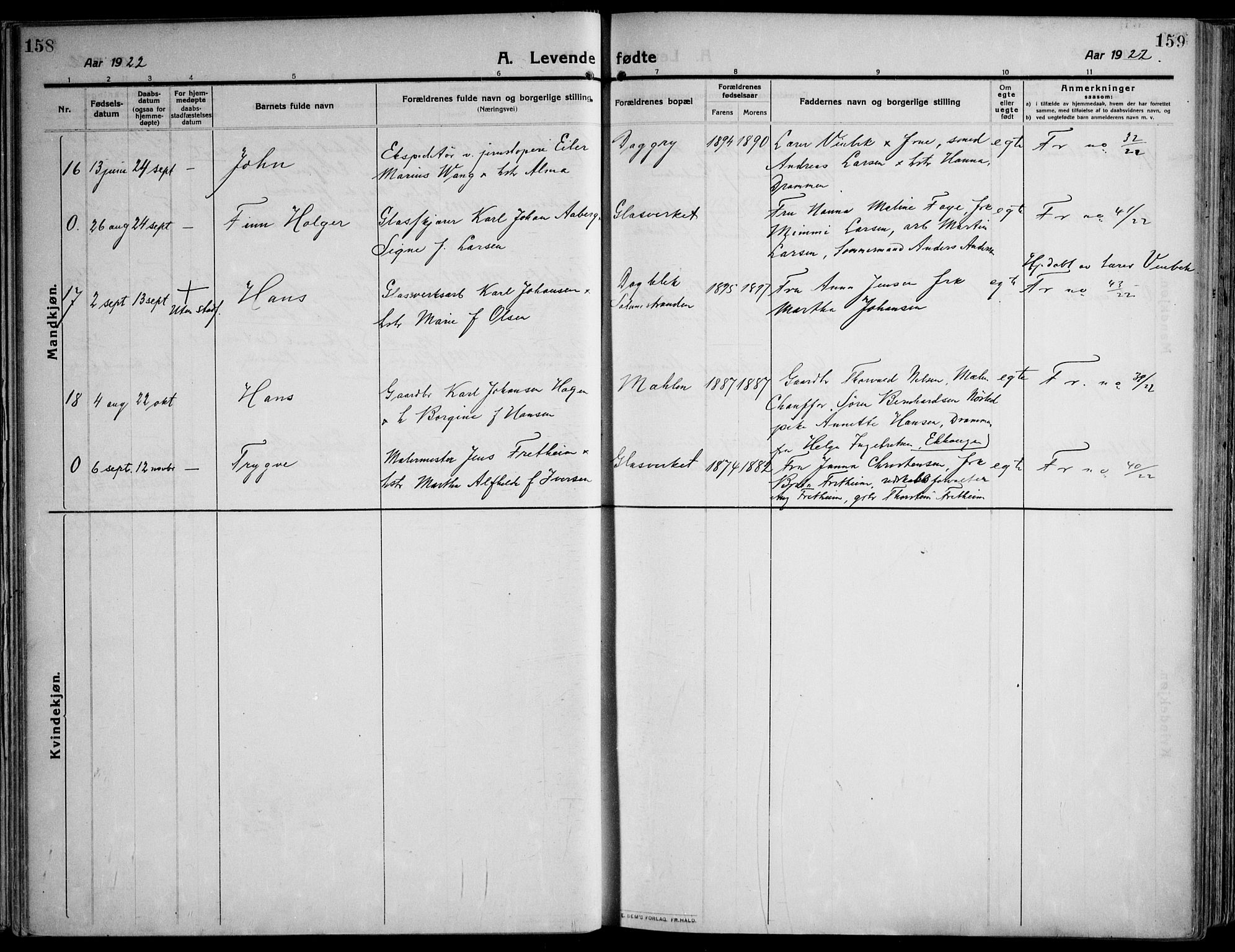 Skoger kirkebøker, AV/SAKO-A-59/F/Fa/L0007: Ministerialbok nr. I 7, 1911-1936, s. 158-159