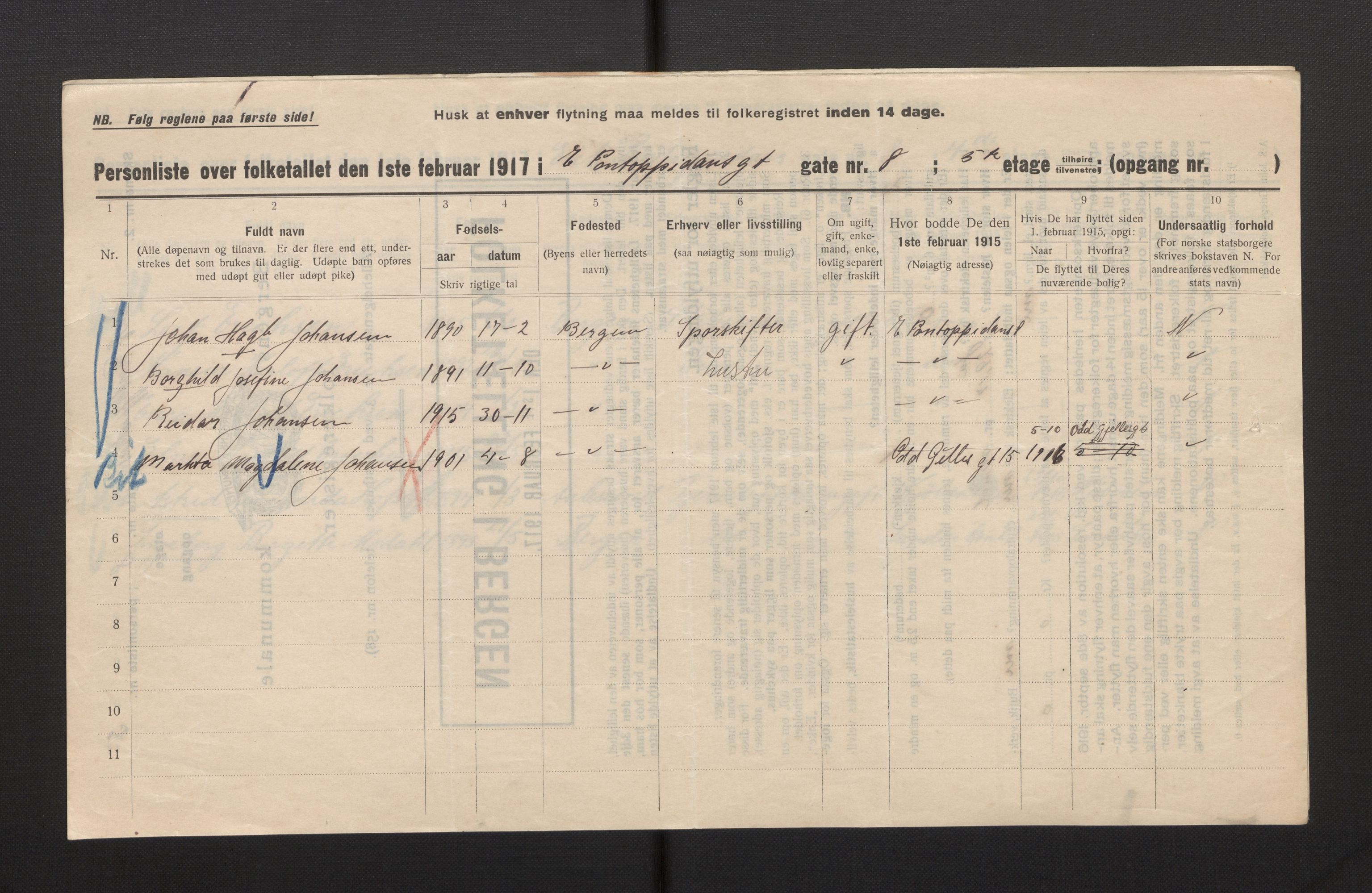 SAB, Kommunal folketelling 1917 for Bergen kjøpstad, 1917, s. 7113