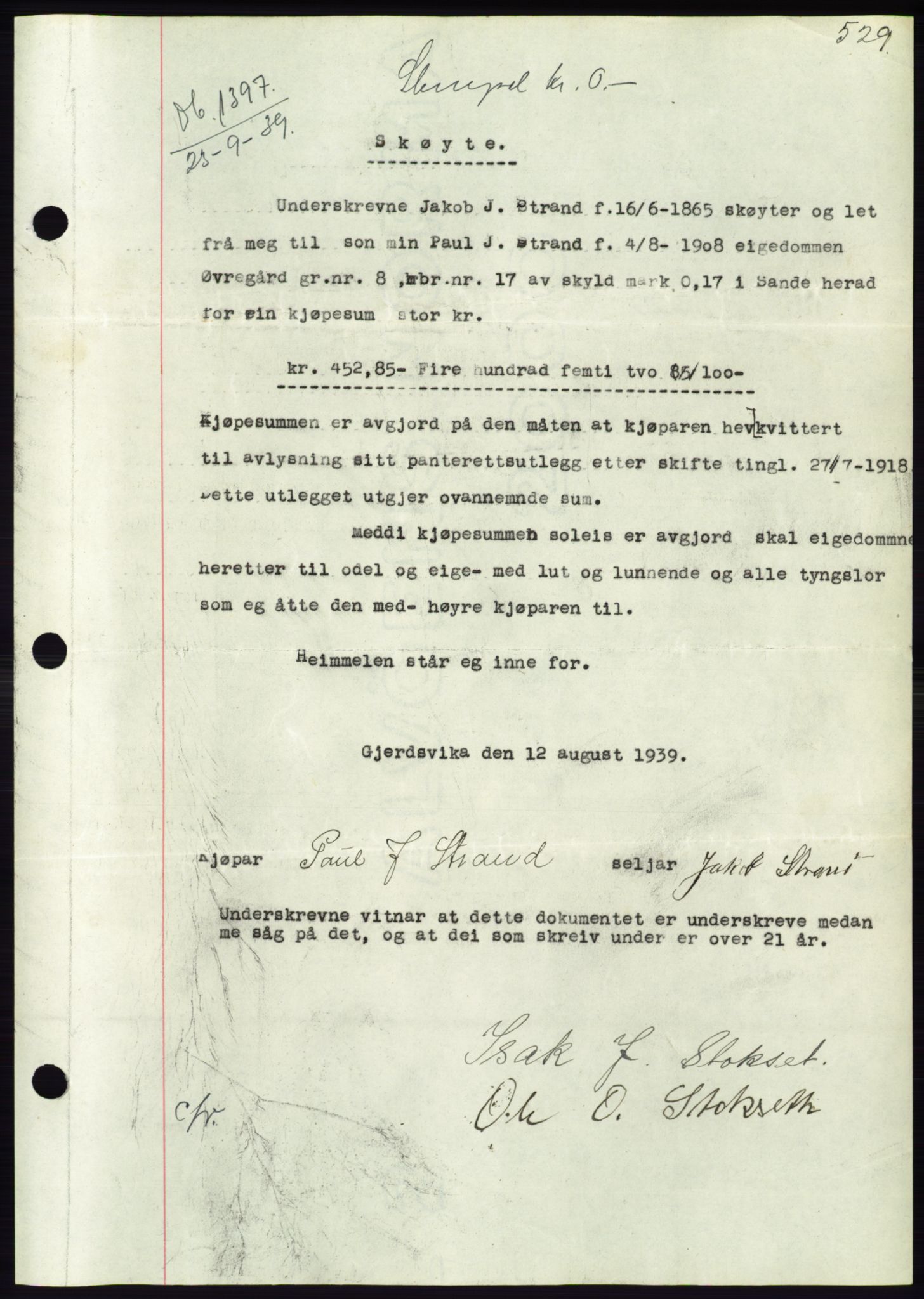 Søre Sunnmøre sorenskriveri, AV/SAT-A-4122/1/2/2C/L0068: Pantebok nr. 62, 1939-1939, Dagboknr: 1397/1939