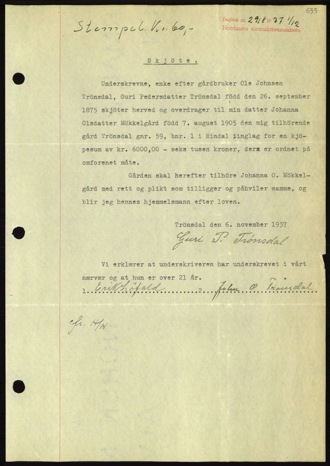 Nordmøre sorenskriveri, SAT/A-4132/1/2/2Ca: Pantebok nr. A82, 1937-1938, Dagboknr: 2918/1937