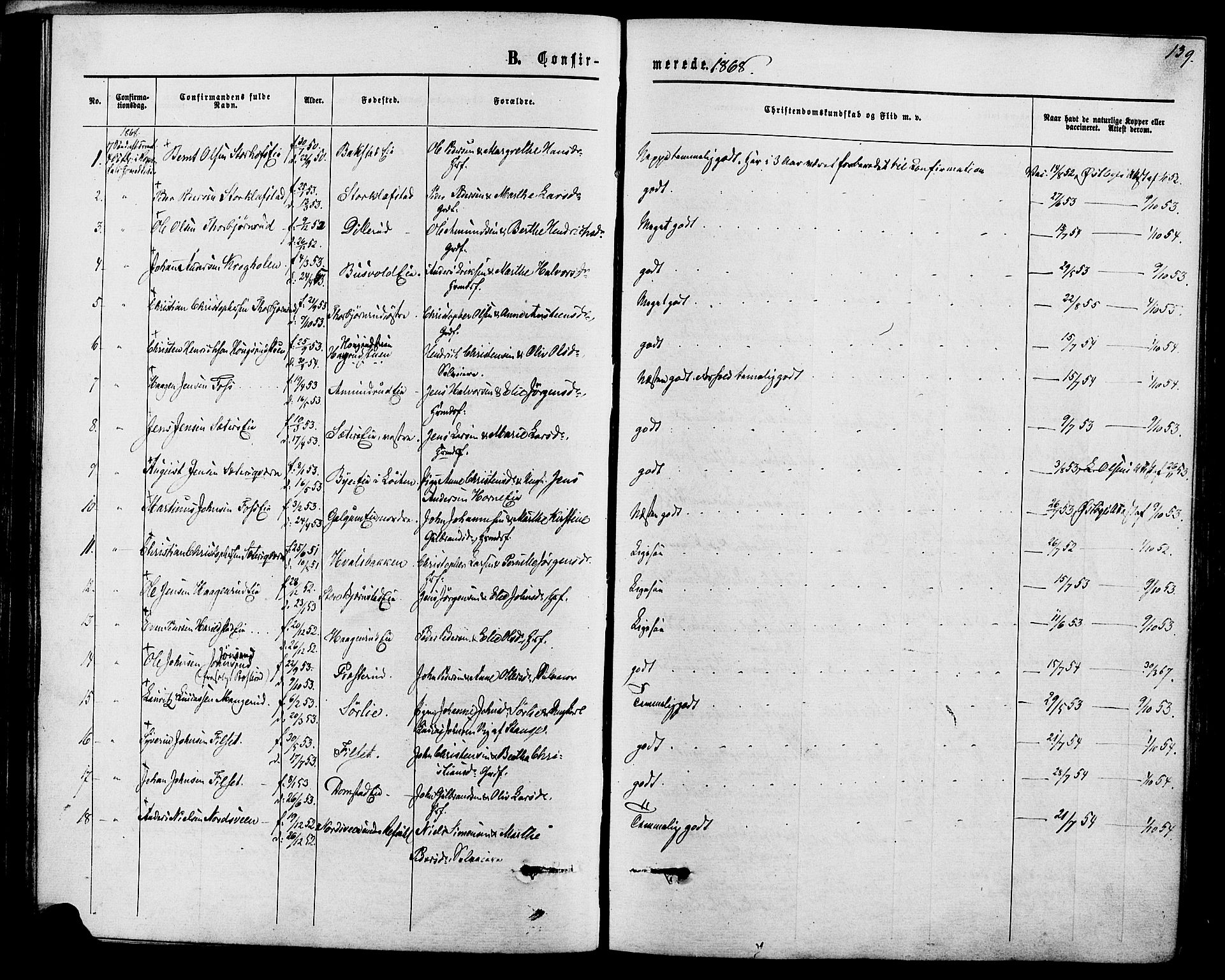 Romedal prestekontor, AV/SAH-PREST-004/K/L0006: Ministerialbok nr. 6, 1866-1886, s. 139