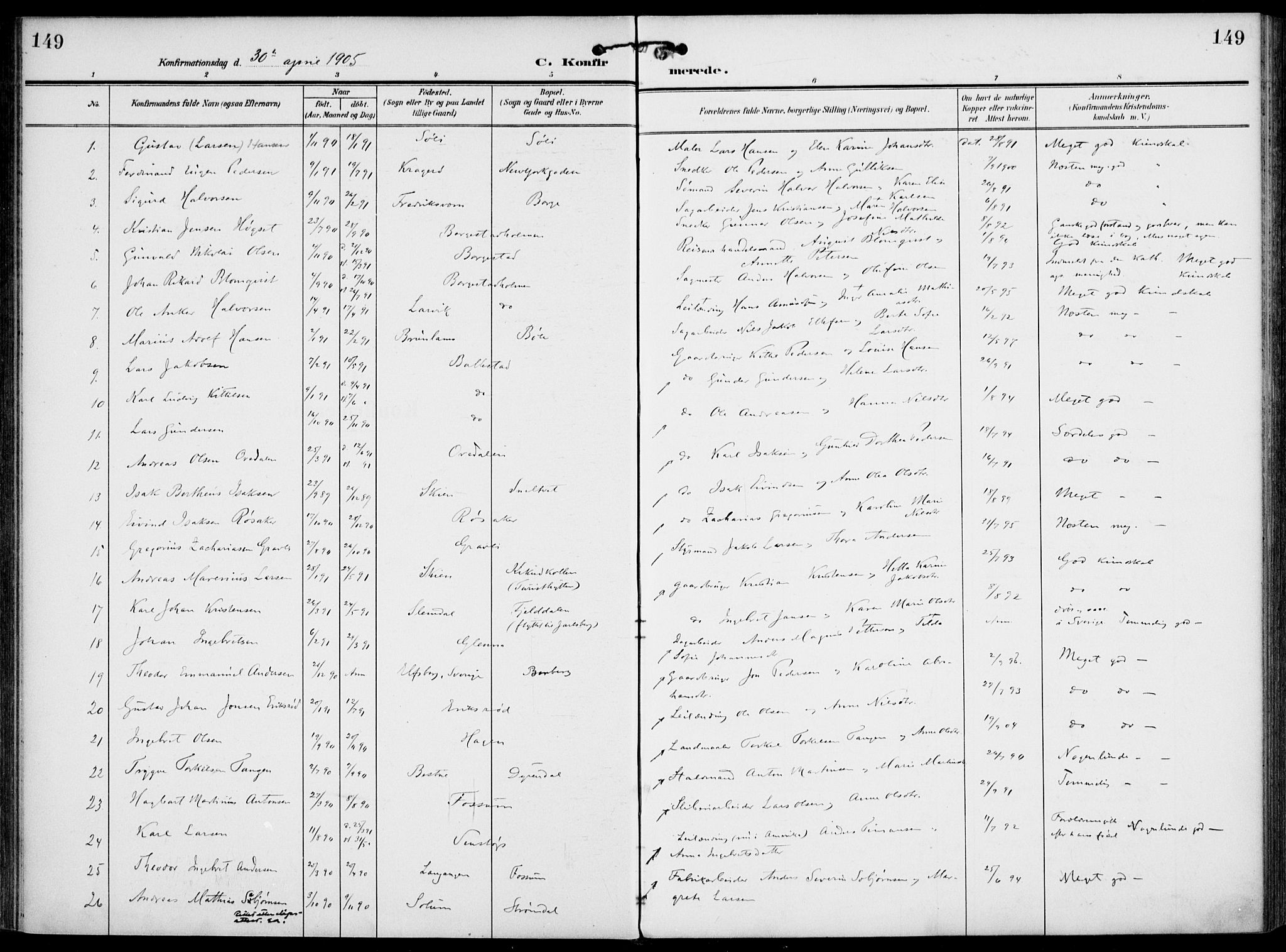Gjerpen kirkebøker, AV/SAKO-A-265/F/Fa/L0012: Ministerialbok nr. I 12, 1905-1913, s. 149
