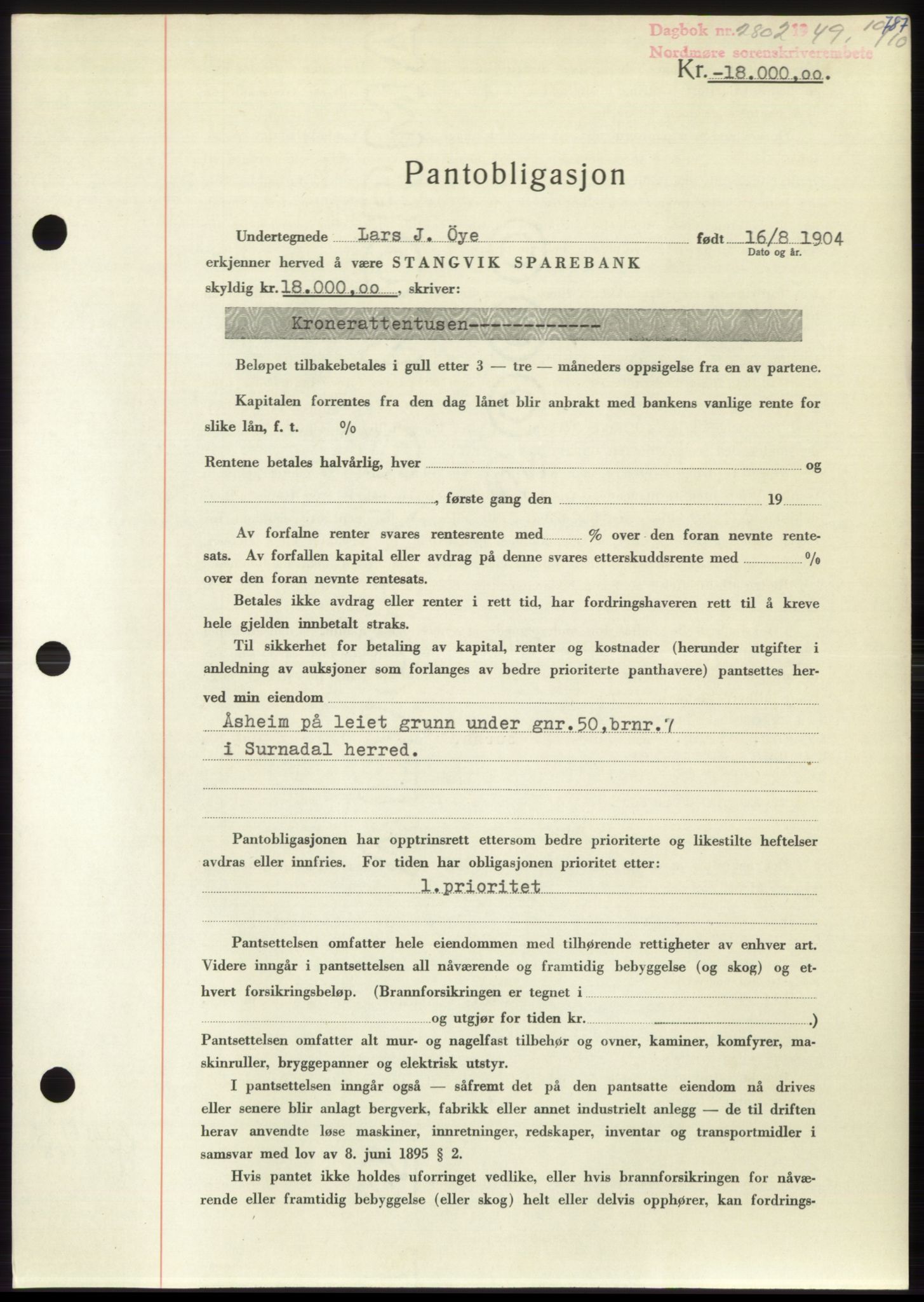 Nordmøre sorenskriveri, SAT/A-4132/1/2/2Ca: Pantebok nr. B102, 1949-1949, Dagboknr: 2802/1949