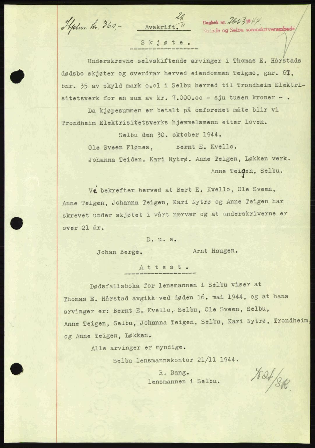 Strinda og Selbu sorenskriveri, SAT/A-0015/2/2C: Pantebok nr. A9, 1944-1945, Dagboknr: 2653/1944