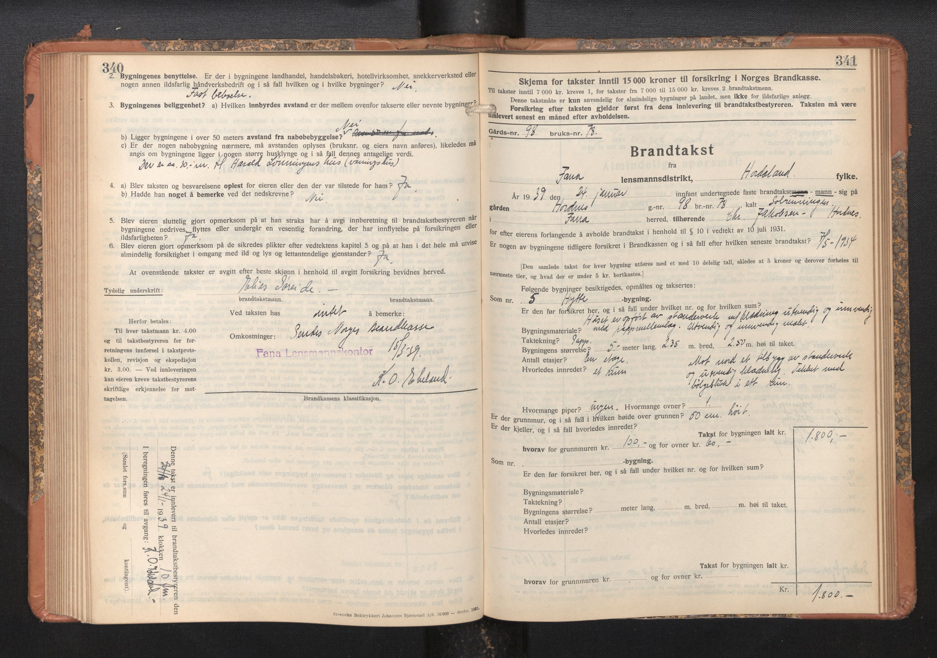 Lensmannen i Fana, AV/SAB-A-31801/0012/L0024: Branntakstprotokoll skjematakst, 1935-1948, s. 340-341