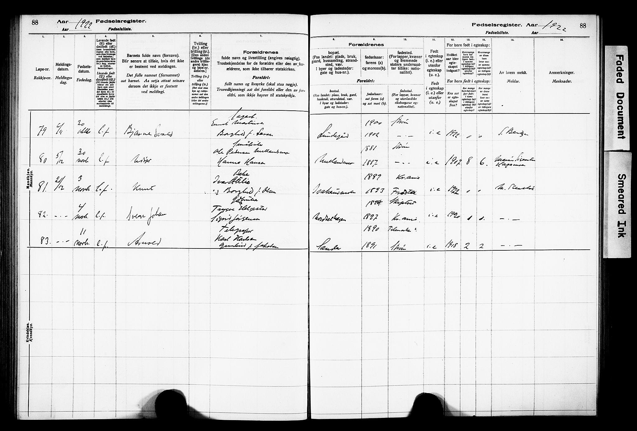 Sør-Odal prestekontor, AV/SAH-PREST-030/I/Id: Fødselsregister nr. 1, 1916-1931, s. 88