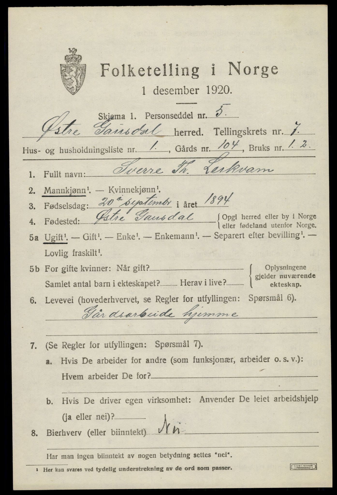 SAH, Folketelling 1920 for 0522 Østre Gausdal herred, 1920, s. 3856