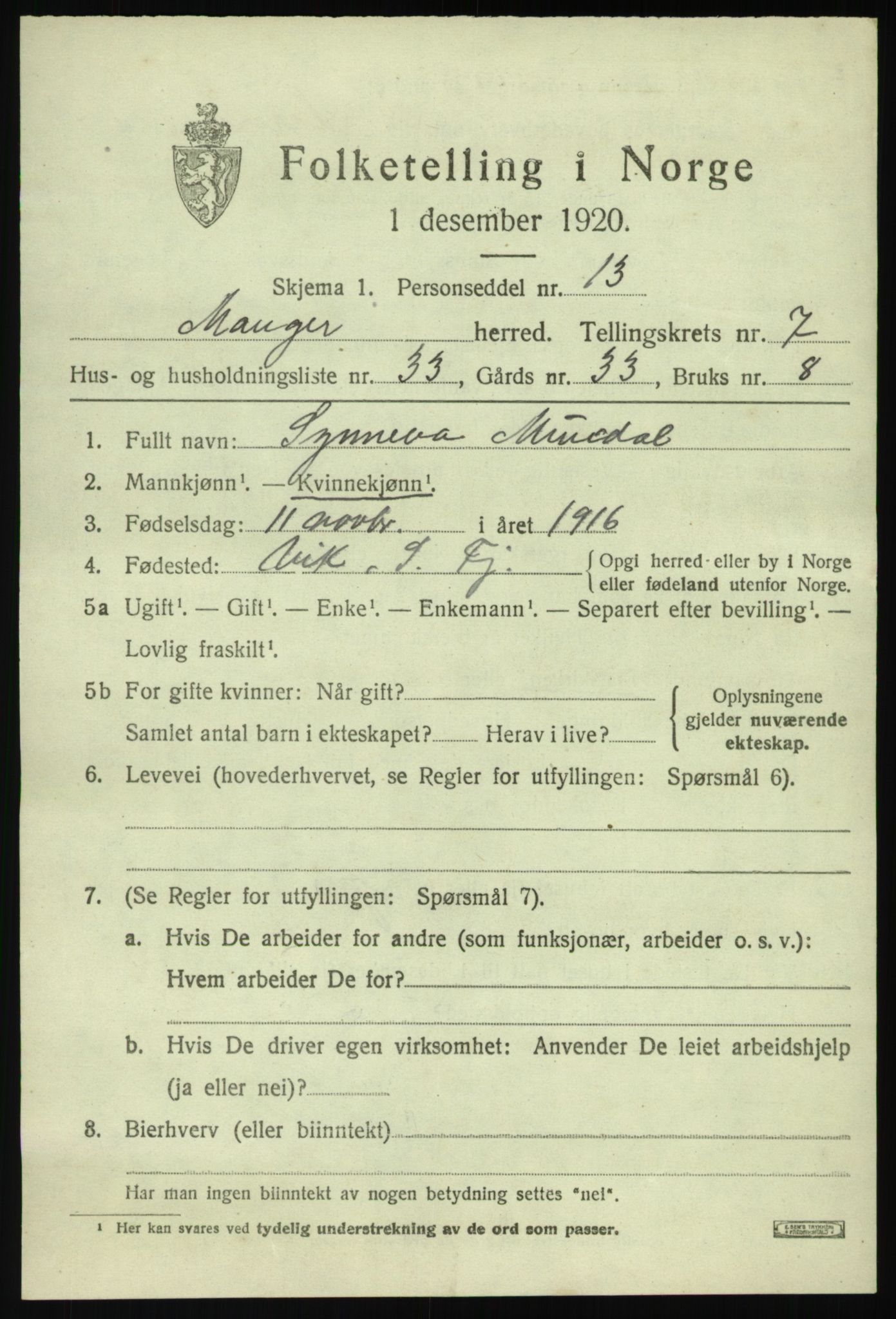 SAB, Folketelling 1920 for 1261 Manger herred, 1920, s. 4761