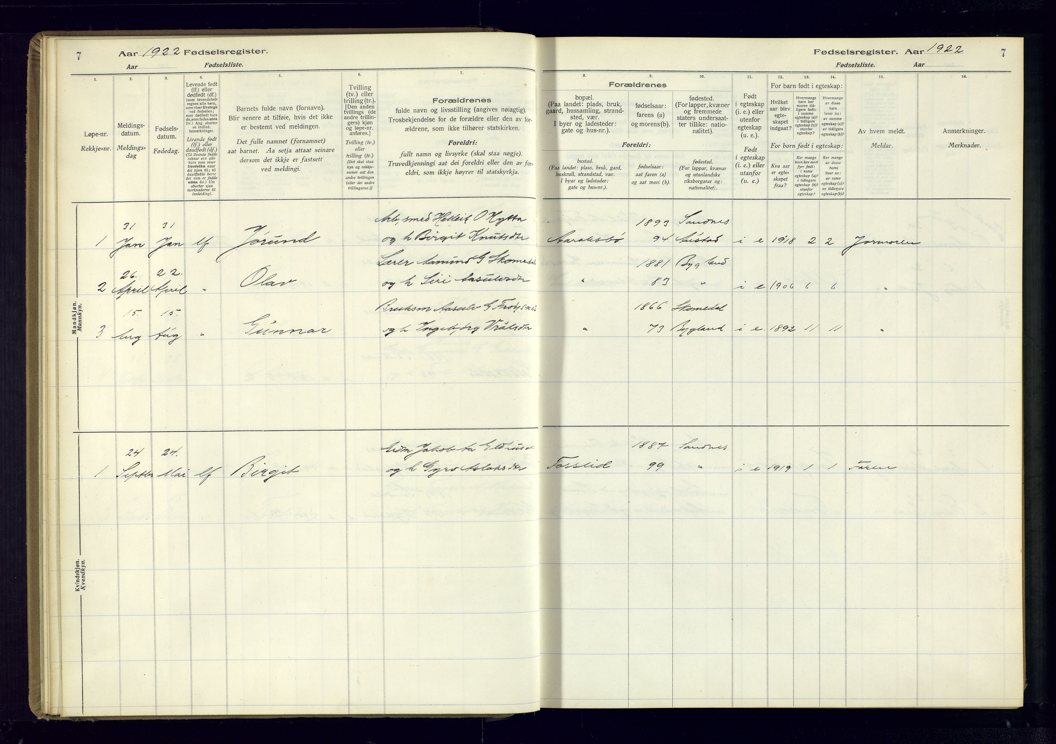 Bygland sokneprestkontor, AV/SAK-1111-0006/J/Ja/L0003: Fødselsregister nr. II.4.4, 1916-1980, s. 7