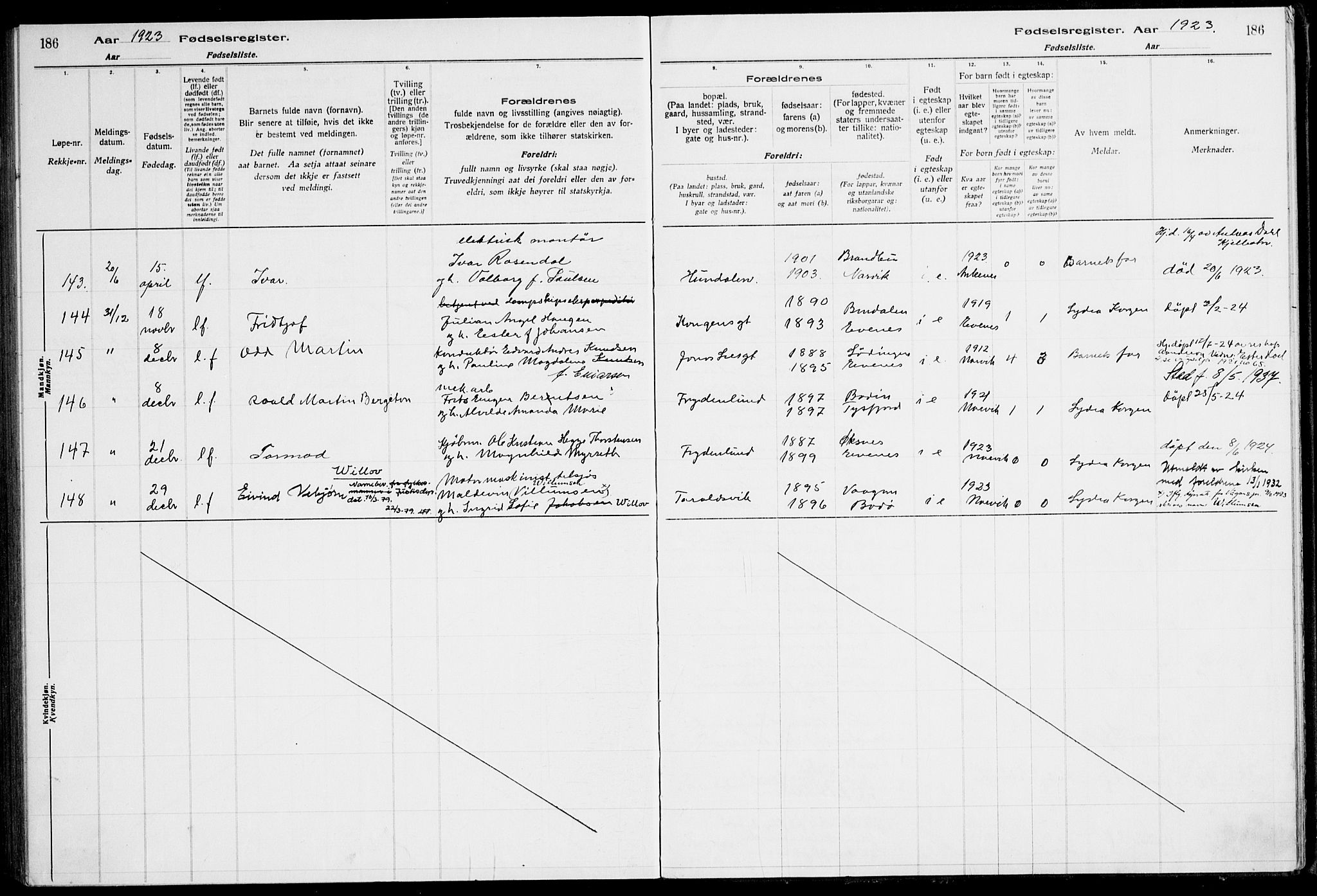 Ministerialprotokoller, klokkerbøker og fødselsregistre - Nordland, AV/SAT-A-1459/871/L1013: Fødselsregister nr. 871.II.4.1, 1916-1924, s. 186