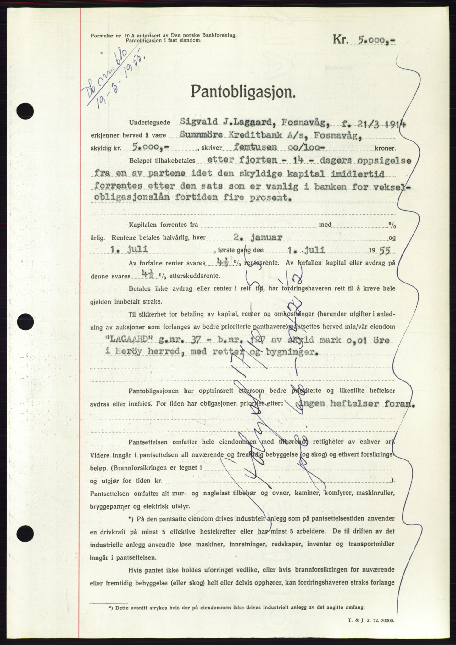 Søre Sunnmøre sorenskriveri, AV/SAT-A-4122/1/2/2C/L0126: Pantebok nr. 14B, 1954-1955, Dagboknr: 610/1955