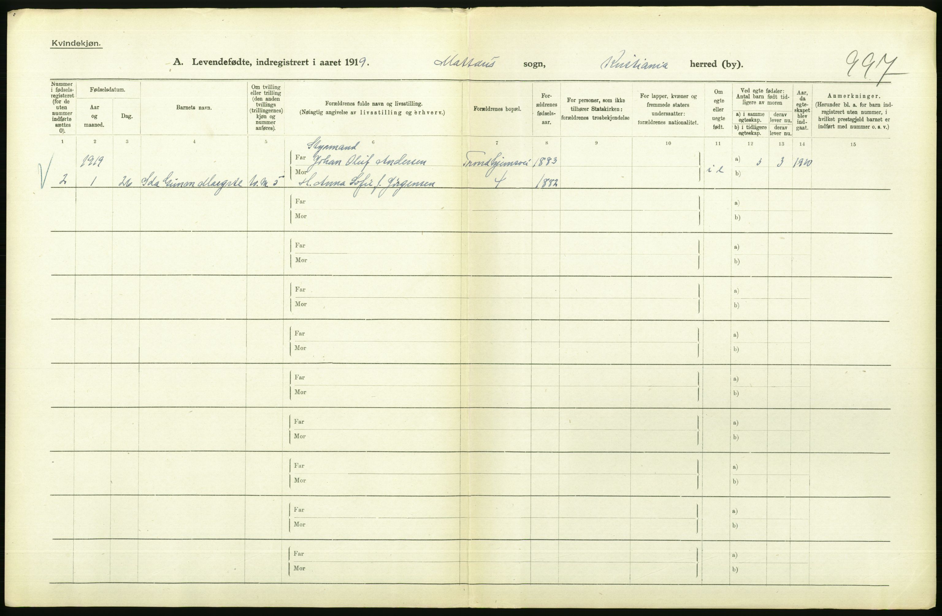 Statistisk sentralbyrå, Sosiodemografiske emner, Befolkning, AV/RA-S-2228/D/Df/Dfb/Dfbi/L0008: Kristiania: Levendefødte menn og kvinner., 1919