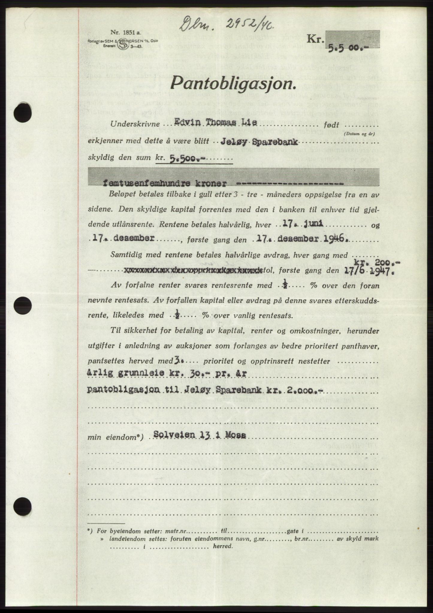 Moss sorenskriveri, SAO/A-10168: Pantebok nr. B16, 1946-1947, Dagboknr: 2952/1946