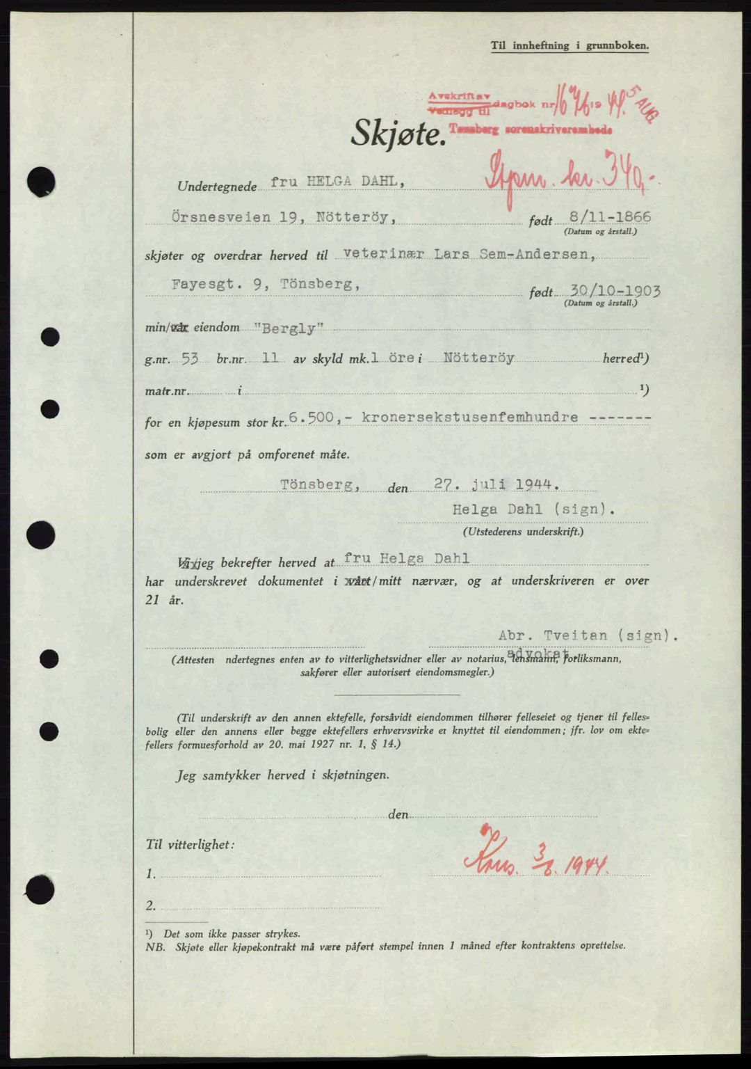 Tønsberg sorenskriveri, AV/SAKO-A-130/G/Ga/Gaa/L0015: Pantebok nr. A15, 1944-1944, Dagboknr: 1676/1944