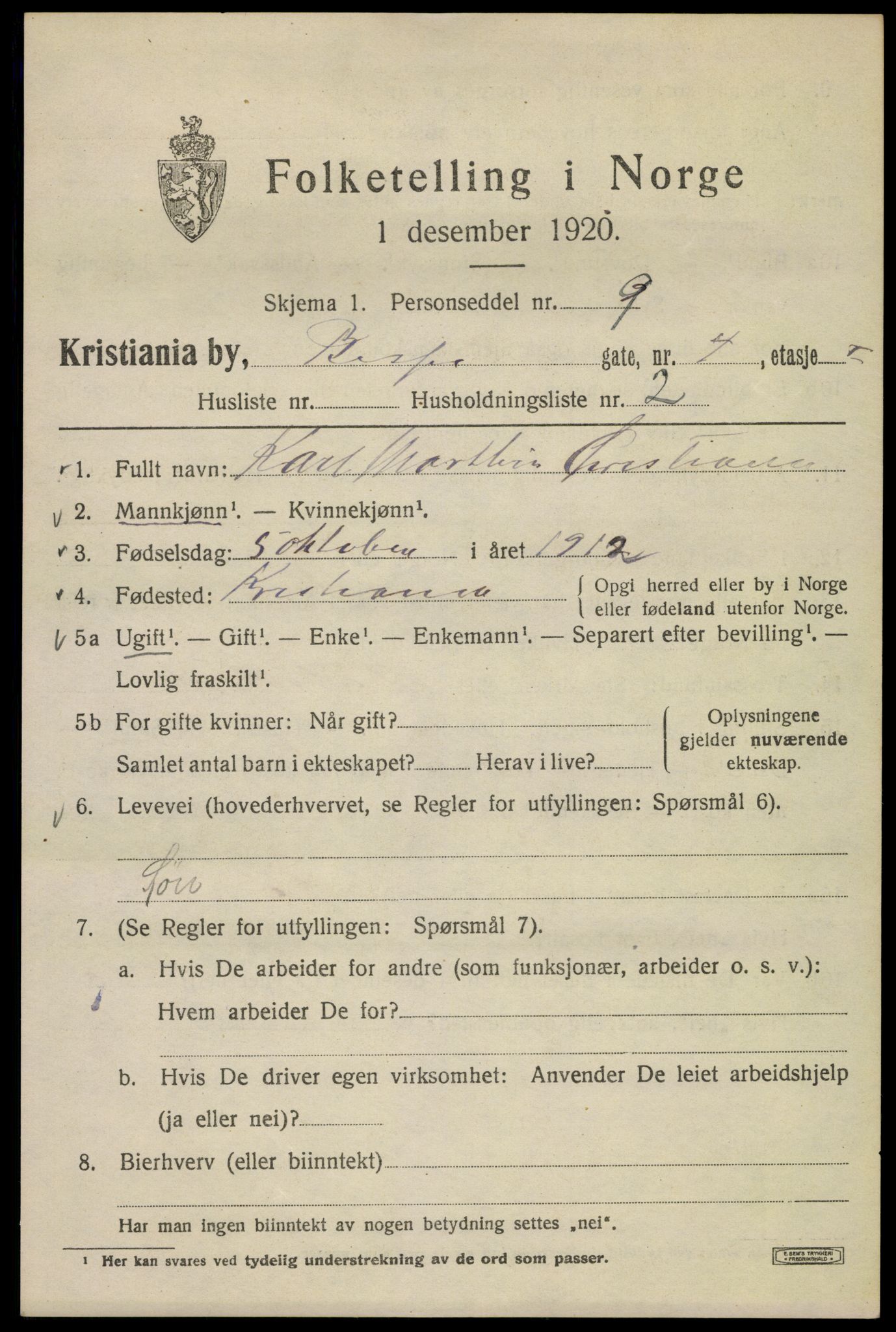 SAO, Folketelling 1920 for 0301 Kristiania kjøpstad, 1920, s. 157045