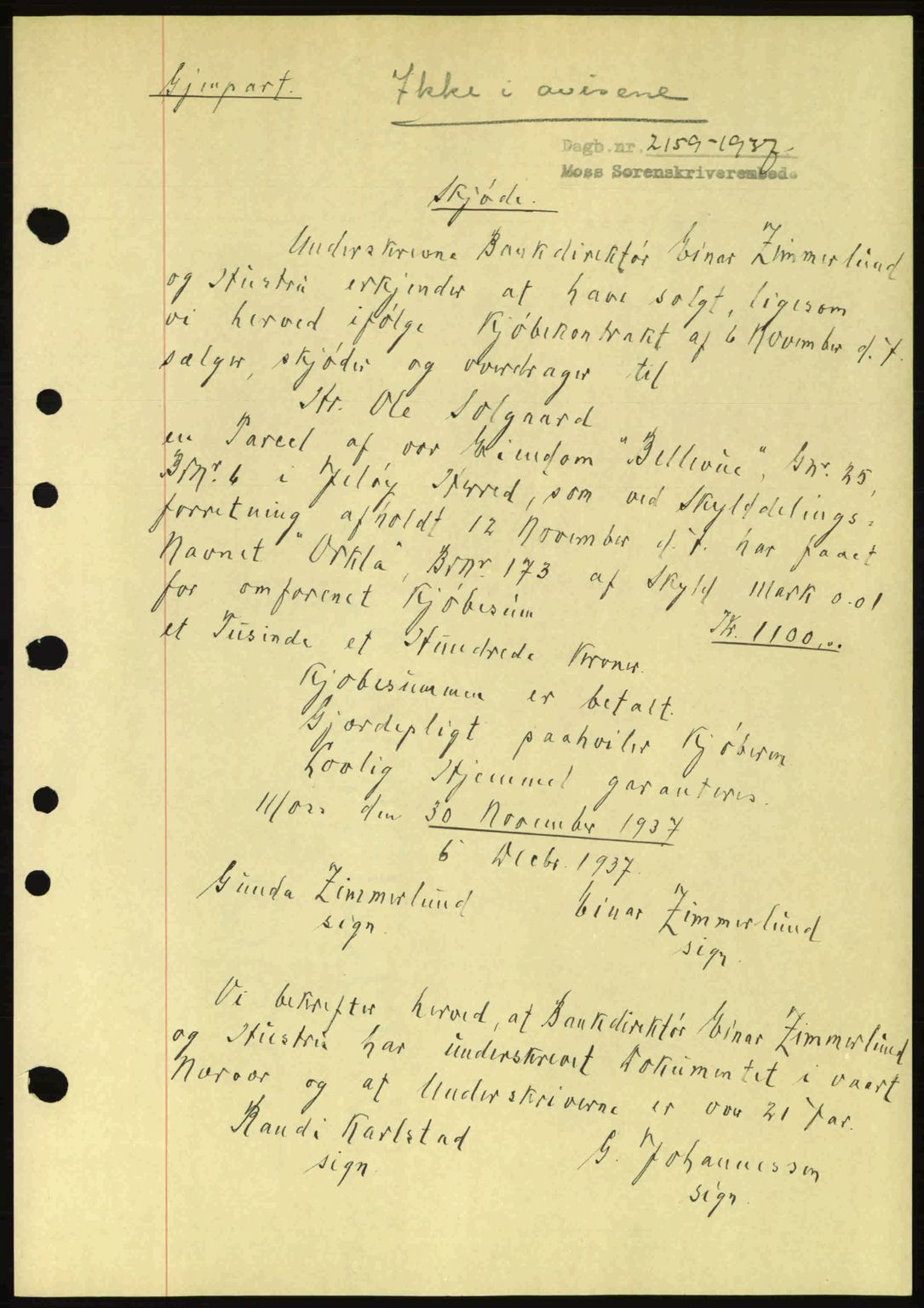 Moss sorenskriveri, SAO/A-10168: Pantebok nr. A3, 1937-1938, Dagboknr: 2159/1937