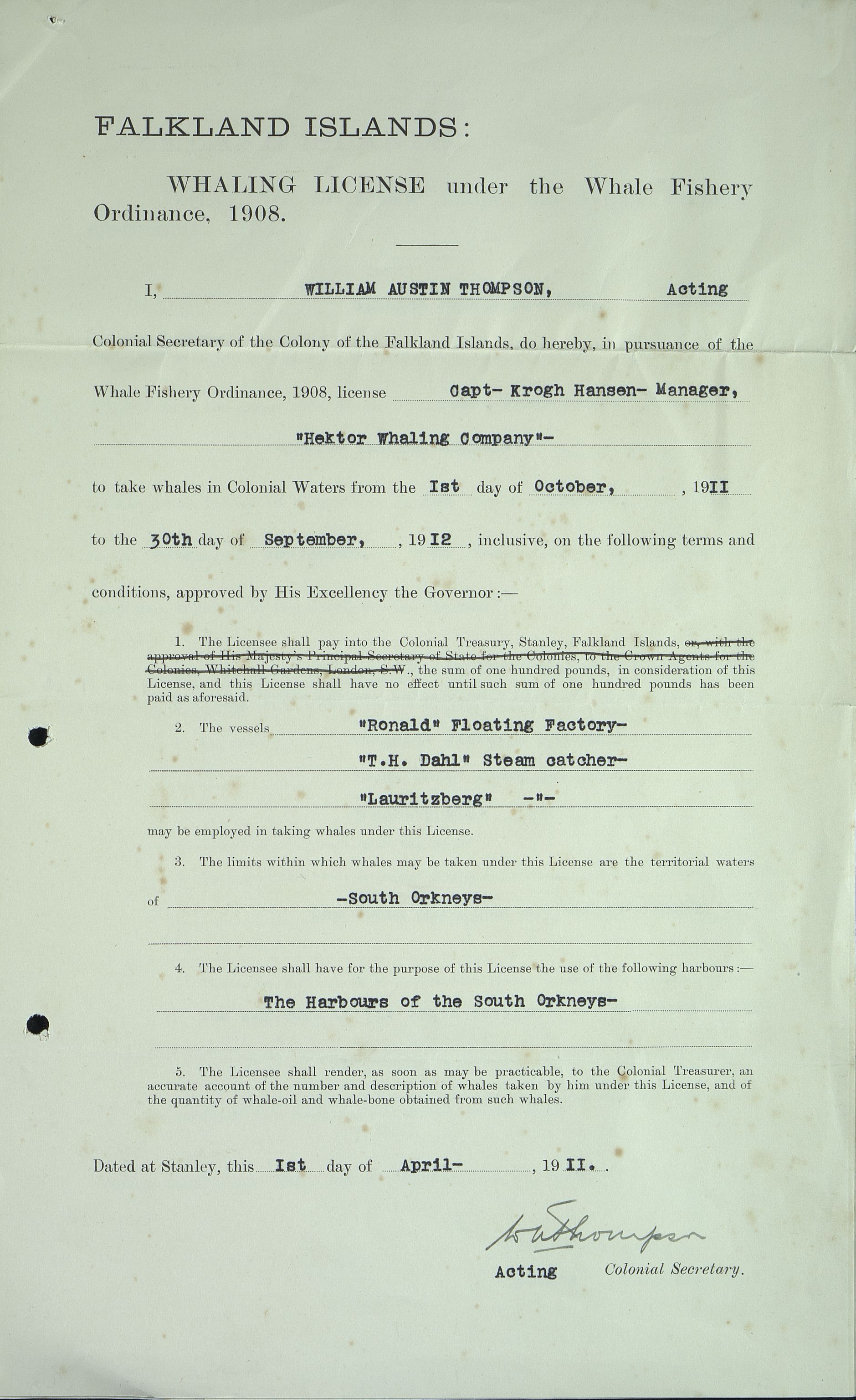 Pa 258 - N. Bugge AS, VEMU/A-1326/E/Ea/L0001/0003: Lisensavtaler og korrespondanse med Britiske myndigheter / The Office of the Colonial Secretary, Stanley, Falkland Island, 1911-1920