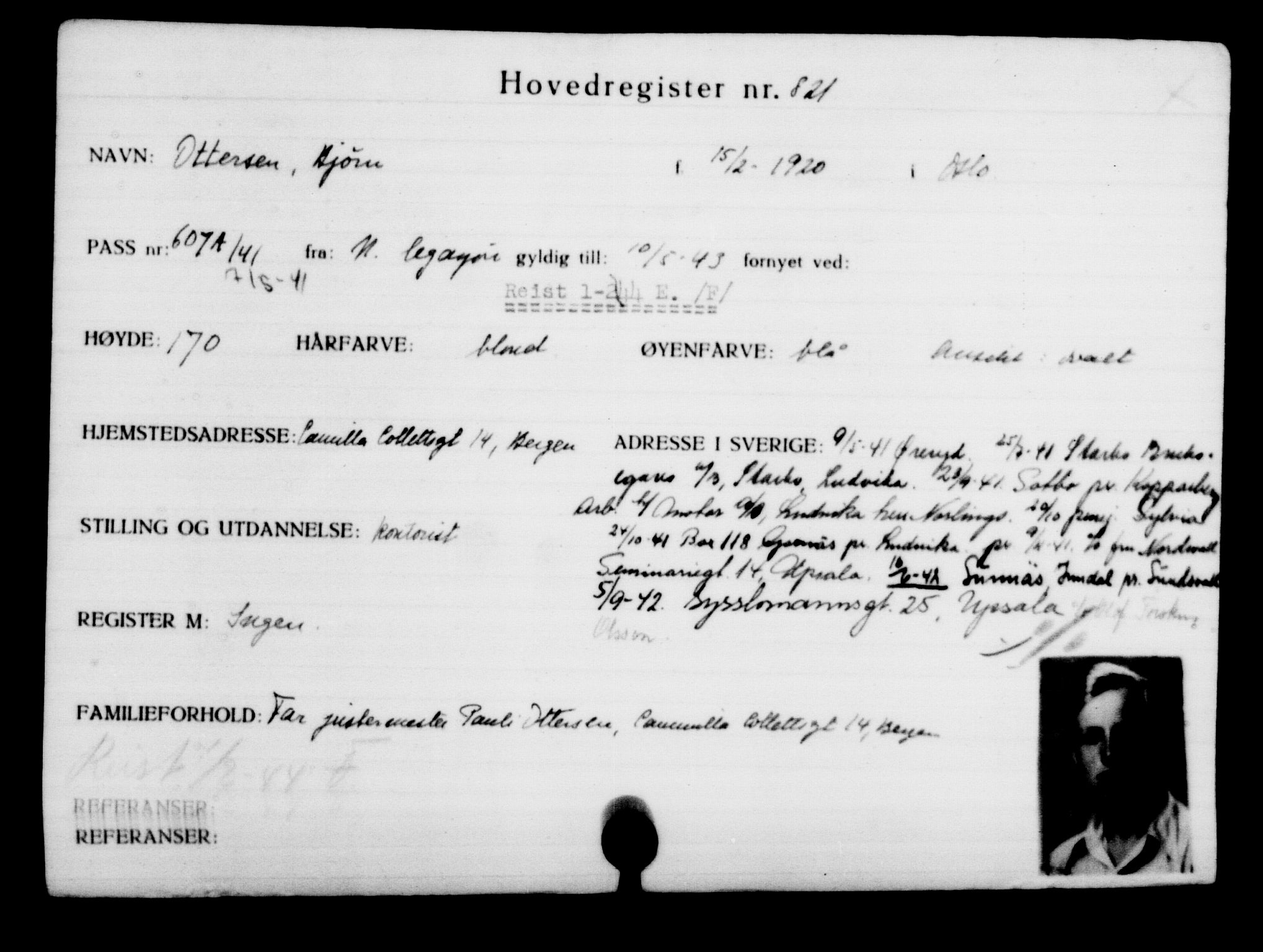 Utenriksstasjonene, Legasjonen i Stockholm, Flyktningkontoret, AV/RA-S-6753/V/Va/L0001: Kjesäterkartoteket, flyktninger med registreringsnr. 1-1000, 1940-1945, s. 1297
