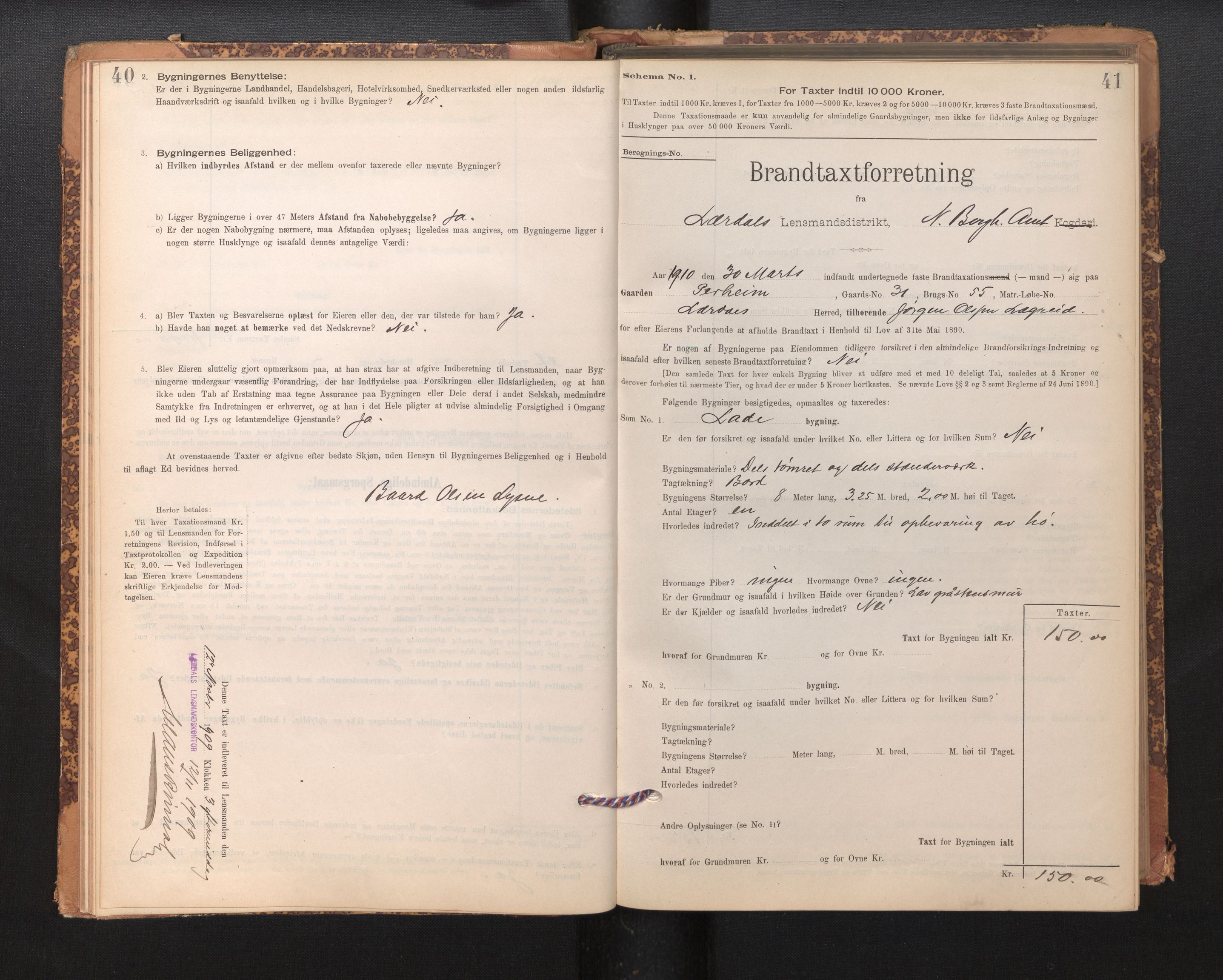 Lensmannen i Lærdal, SAB/A-29401/0012/L0006: Branntakstprotokoll, skjematakst, 1896-1947, s. 40-41