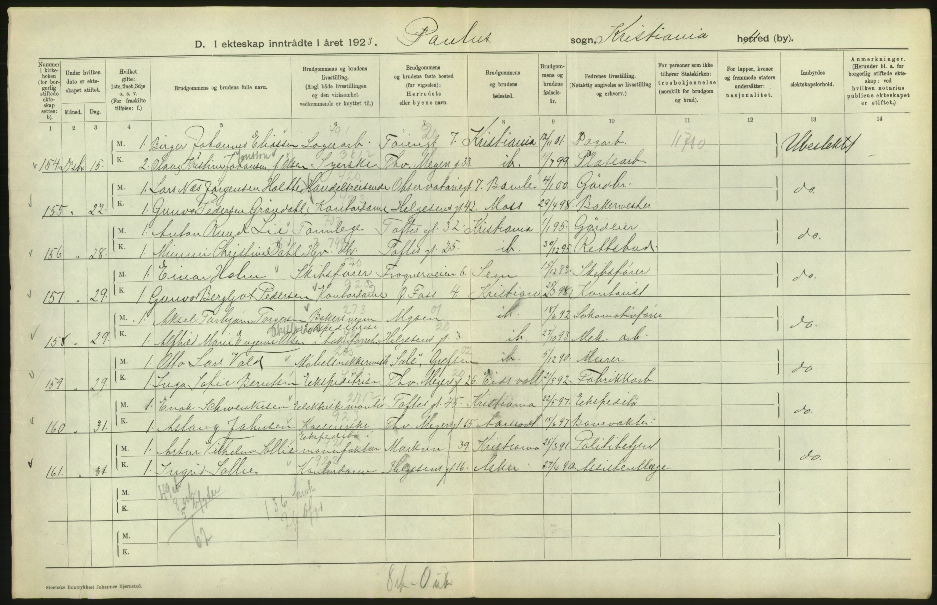 Statistisk sentralbyrå, Sosiodemografiske emner, Befolkning, RA/S-2228/D/Df/Dfc/Dfcc/L0008: Kristiania: Gifte, 1923, s. 114