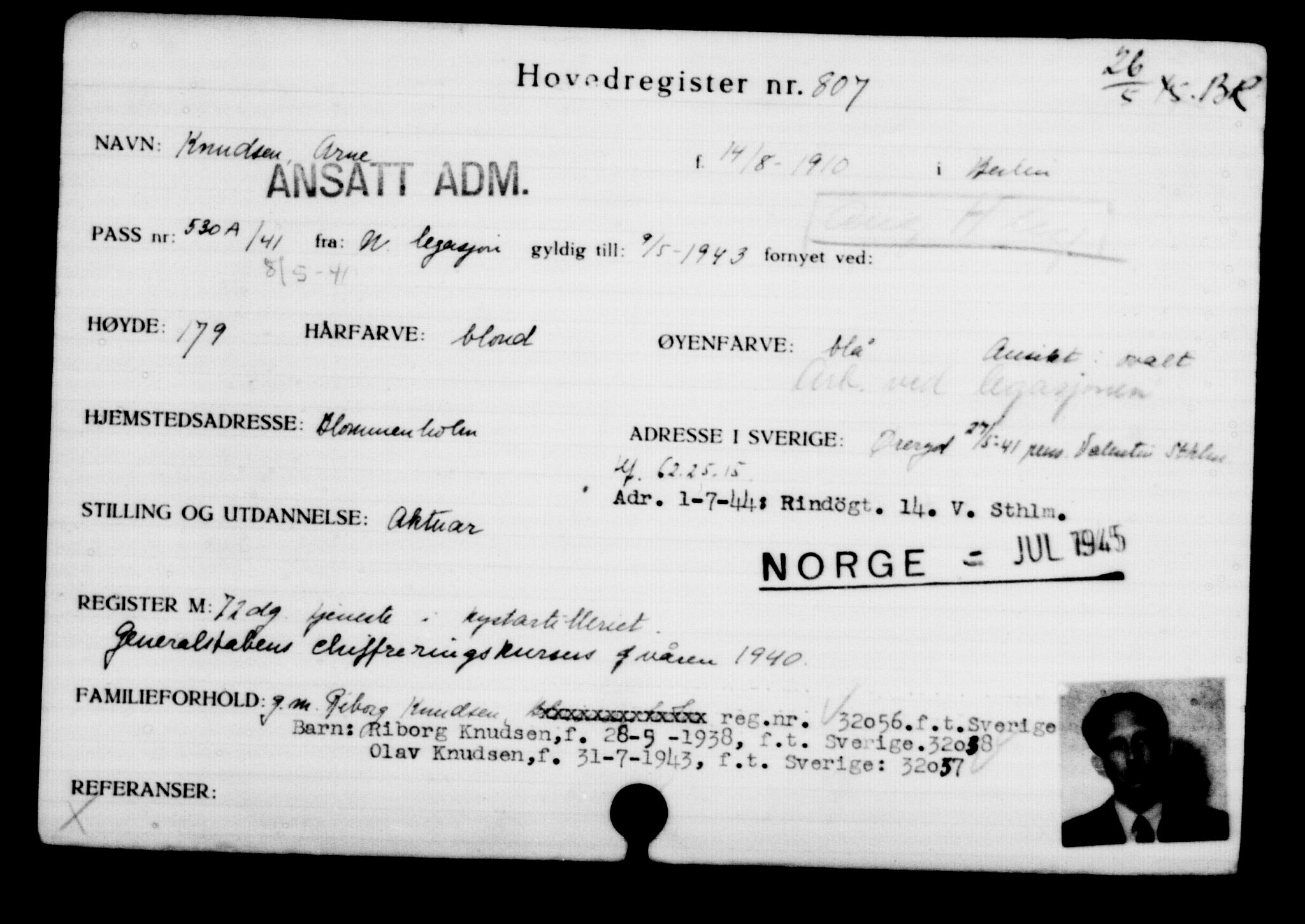 Utenriksstasjonene, Legasjonen i Stockholm, Flyktningkontoret, AV/RA-S-6753/V/Va/L0001: Kjesäterkartoteket, flyktninger med registreringsnr. 1-1000, 1940-1945, s. 1278