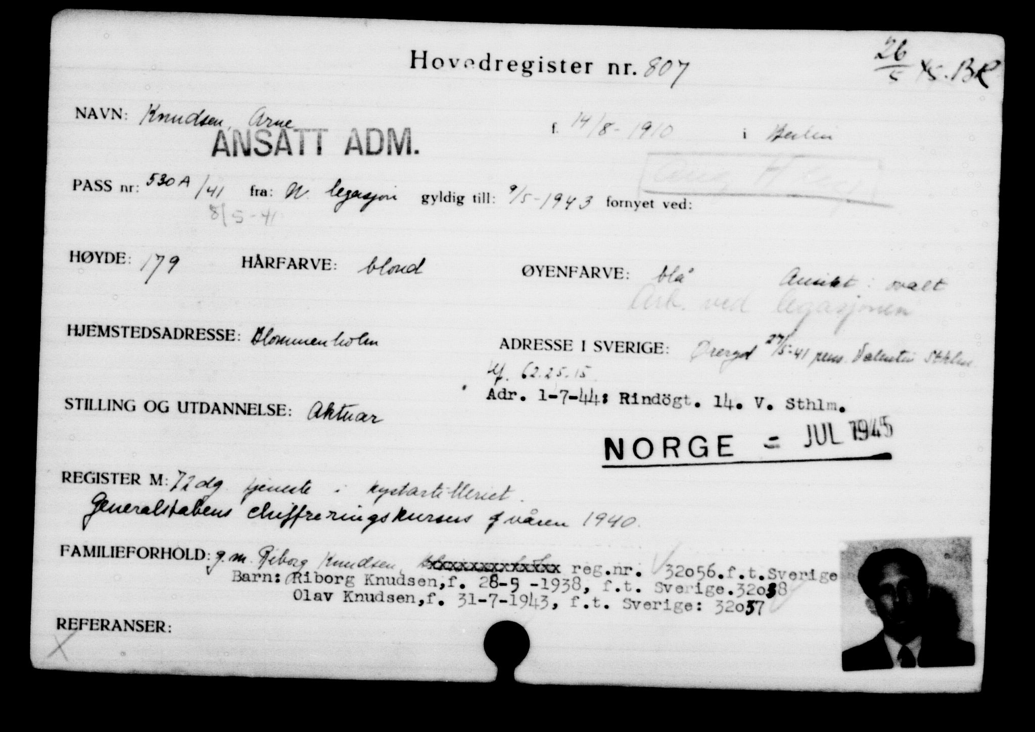 Den Kgl. Norske Legasjons Flyktningskontor, RA/S-6753/V/Va/L0001: Kjesäterkartoteket. Flyktningenr. 1-1000, 1940-1945, s. 1278