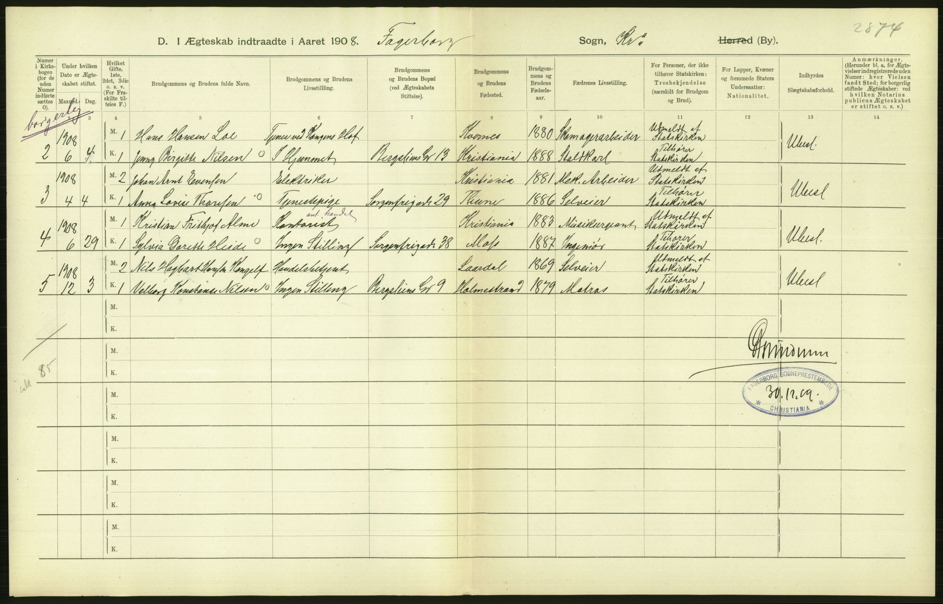 Statistisk sentralbyrå, Sosiodemografiske emner, Befolkning, AV/RA-S-2228/D/Df/Dfa/Dfaf/L0007: Kristiania: Gifte, 1908, s. 374