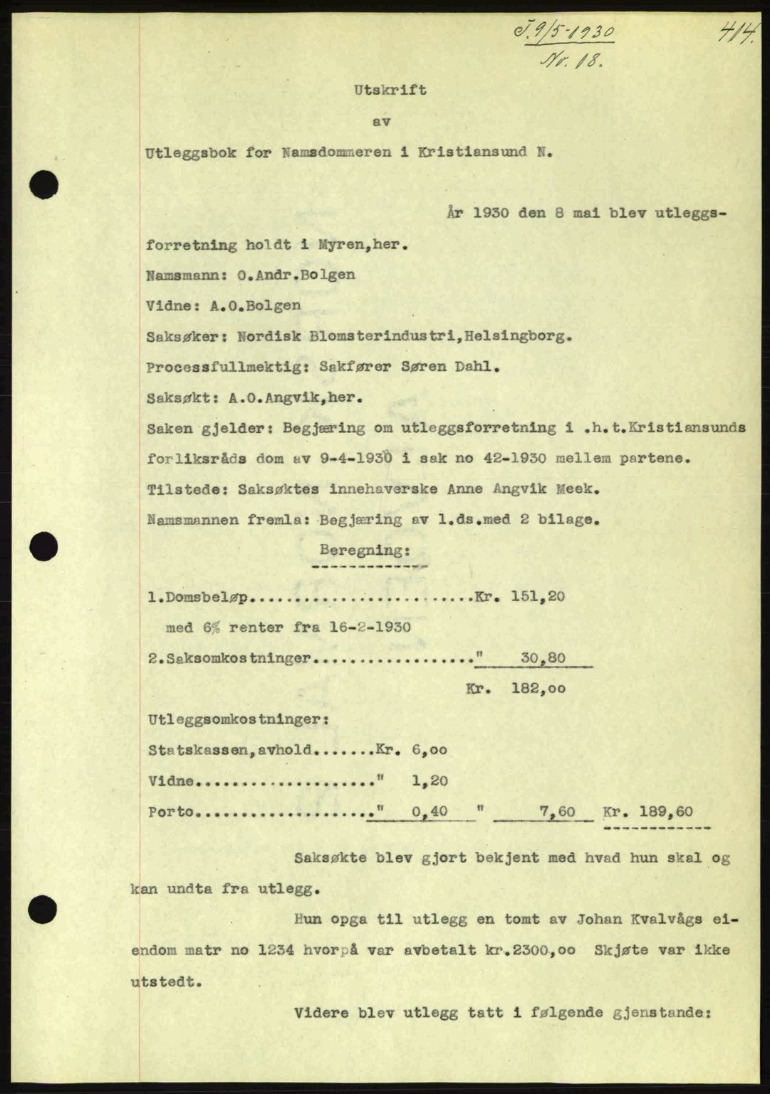 Kristiansund byfogd, AV/SAT-A-4587/A/27: Pantebok nr. 23, 1929-1930, Tingl.dato: 09.05.1930