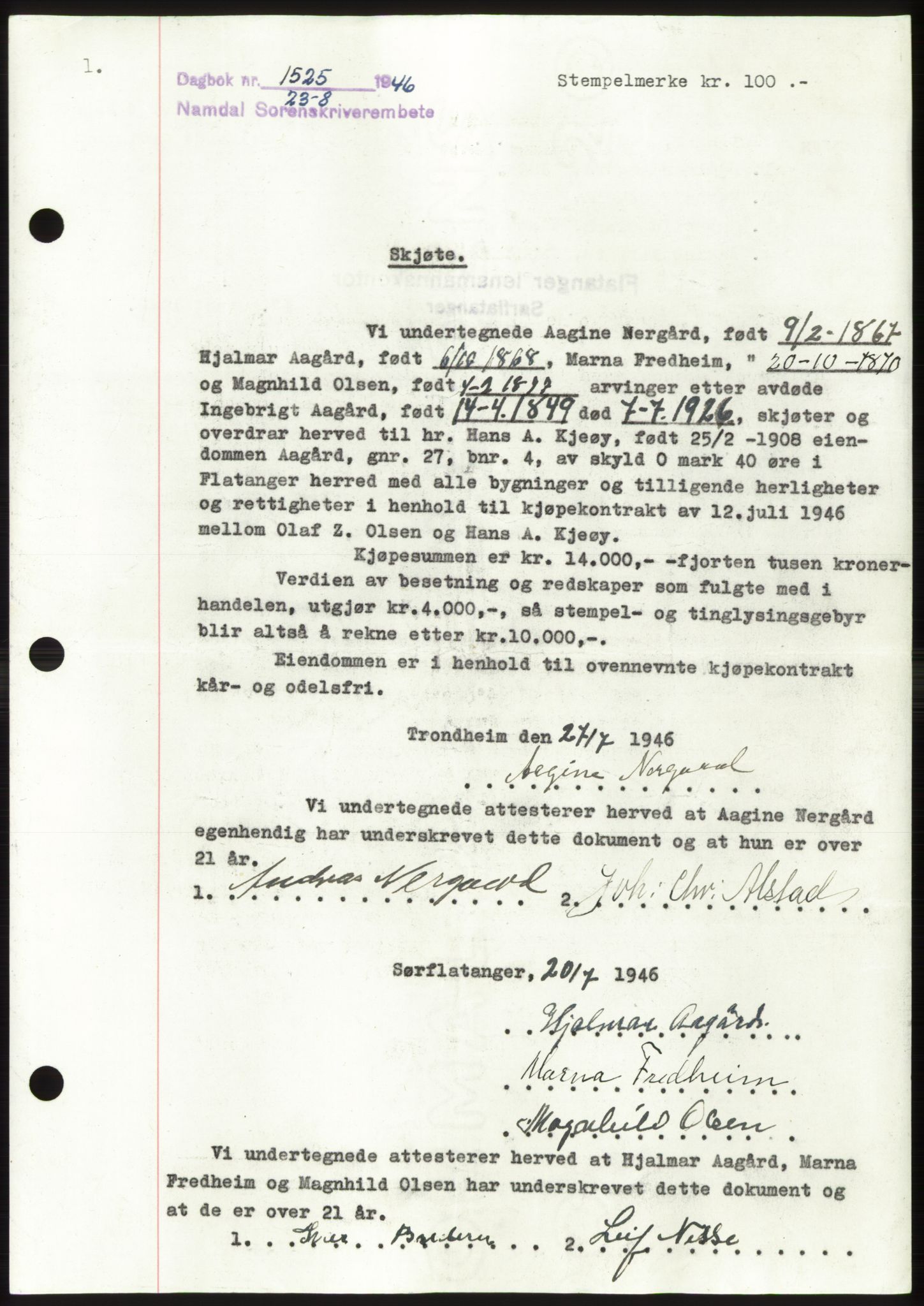 Namdal sorenskriveri, SAT/A-4133/1/2/2C: Pantebok nr. -, 1946-1946, Dagboknr: 1525/1946